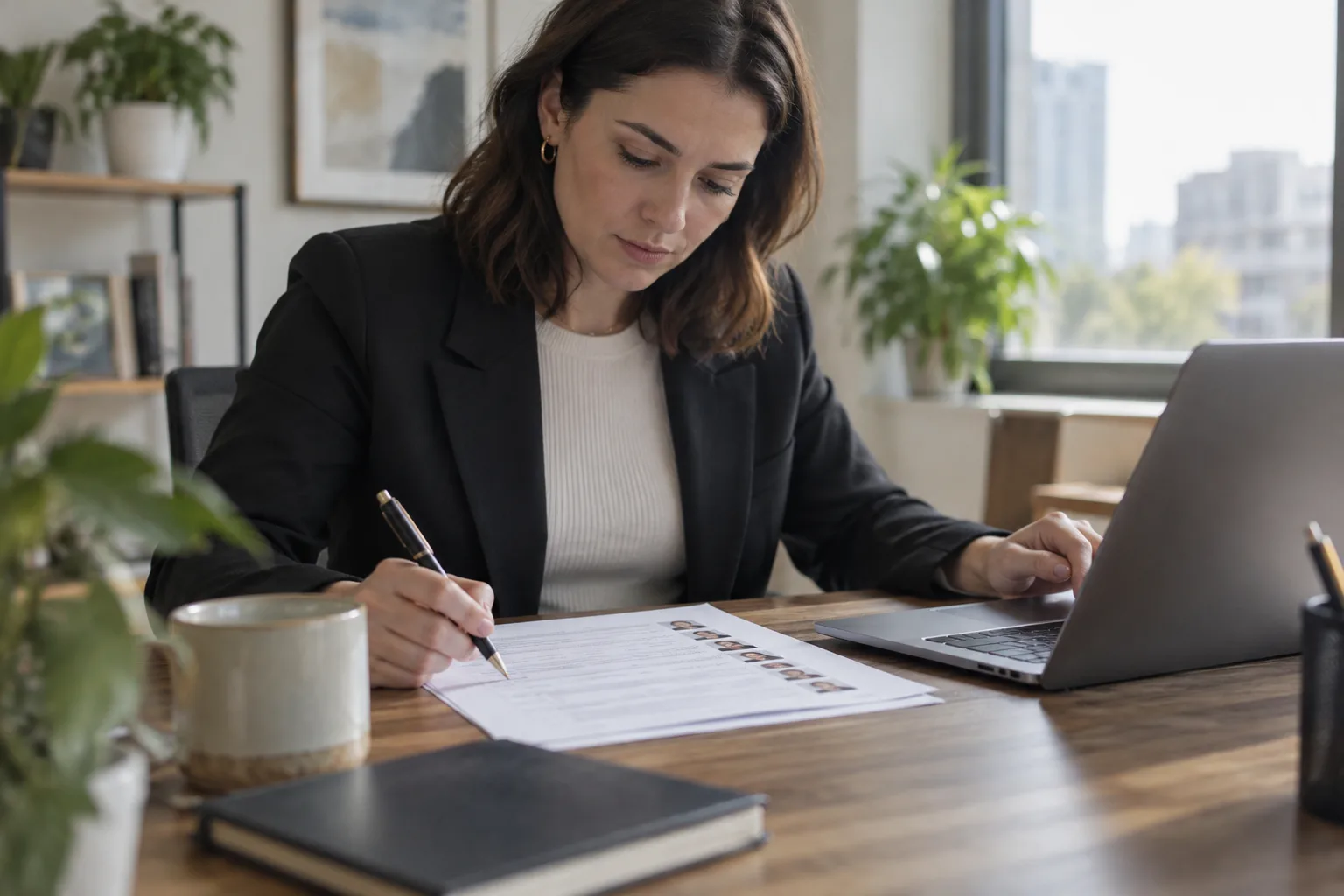 A recruiter sits at a desk reviewing a list of candidate scores before looking at any profiles.