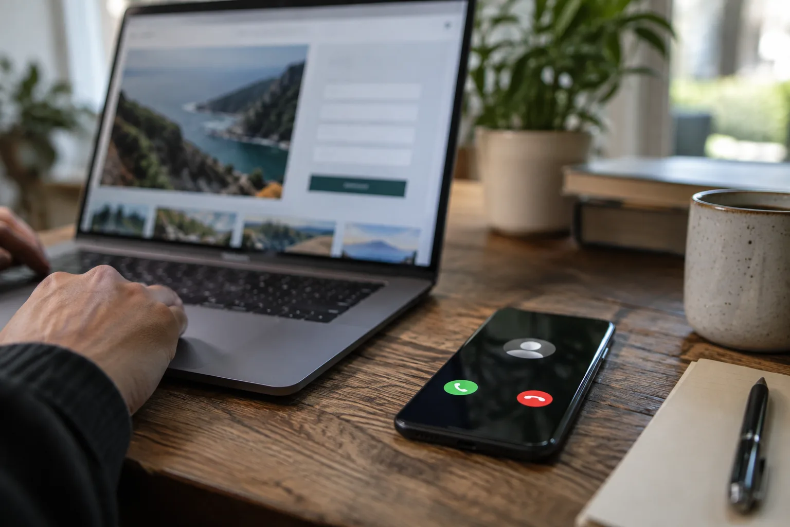 A smartphone rings next to a laptop displaying a business landing page with a contact form.