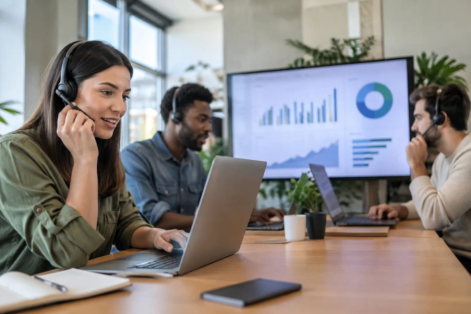 A photo of a small sales team working at laptops with headsets in a modern office.