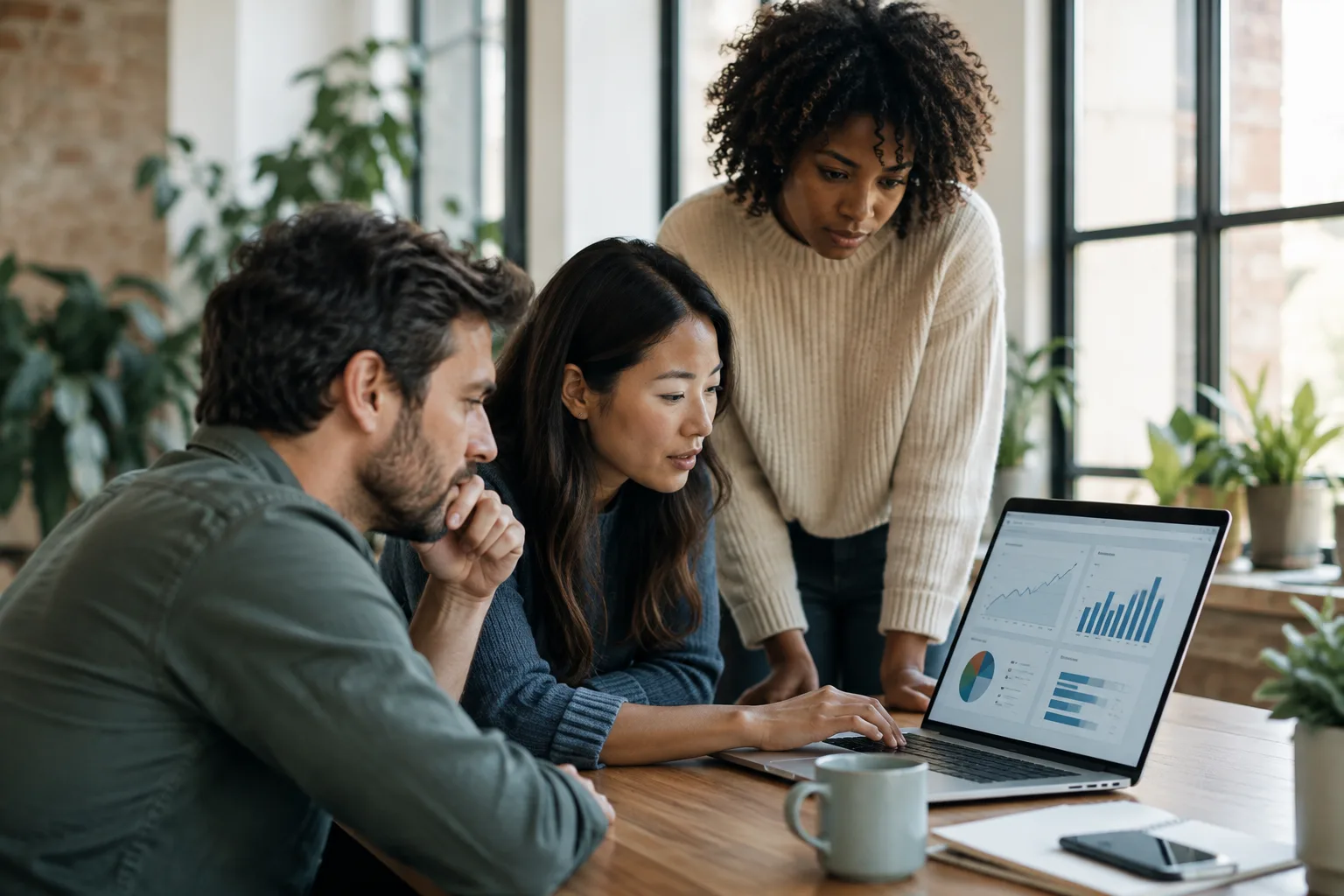 A marketing team reviewing campaign performance data on a laptop in an office.