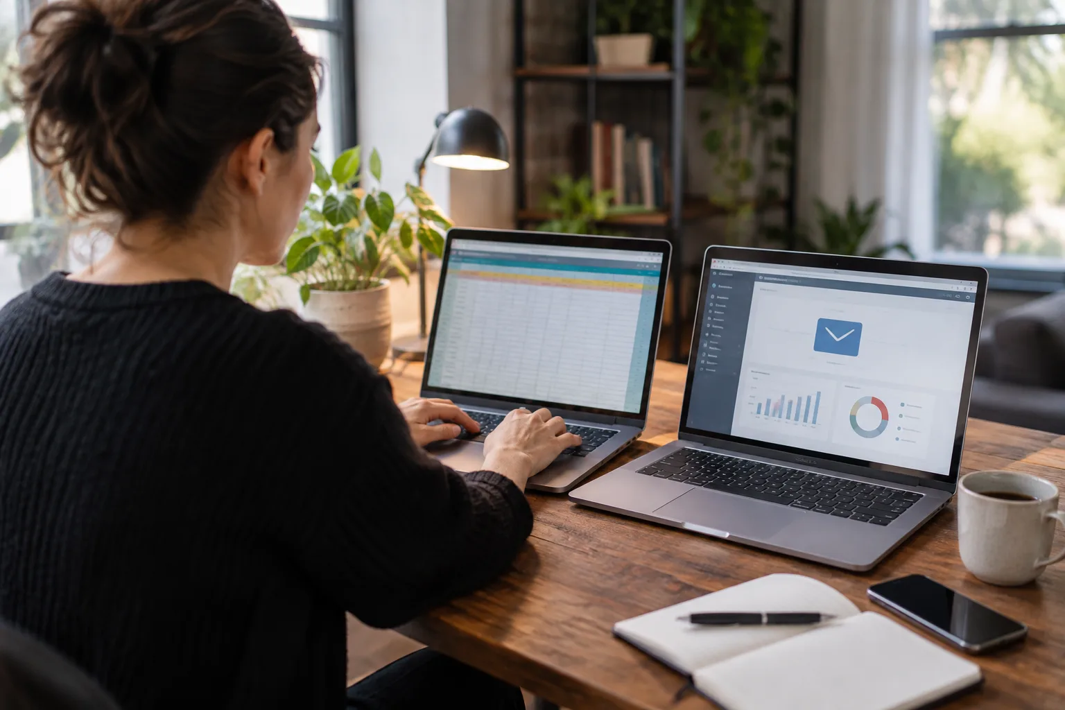 A person working at two laptops, manually transferring a contact list from one tool to an email sending tool.