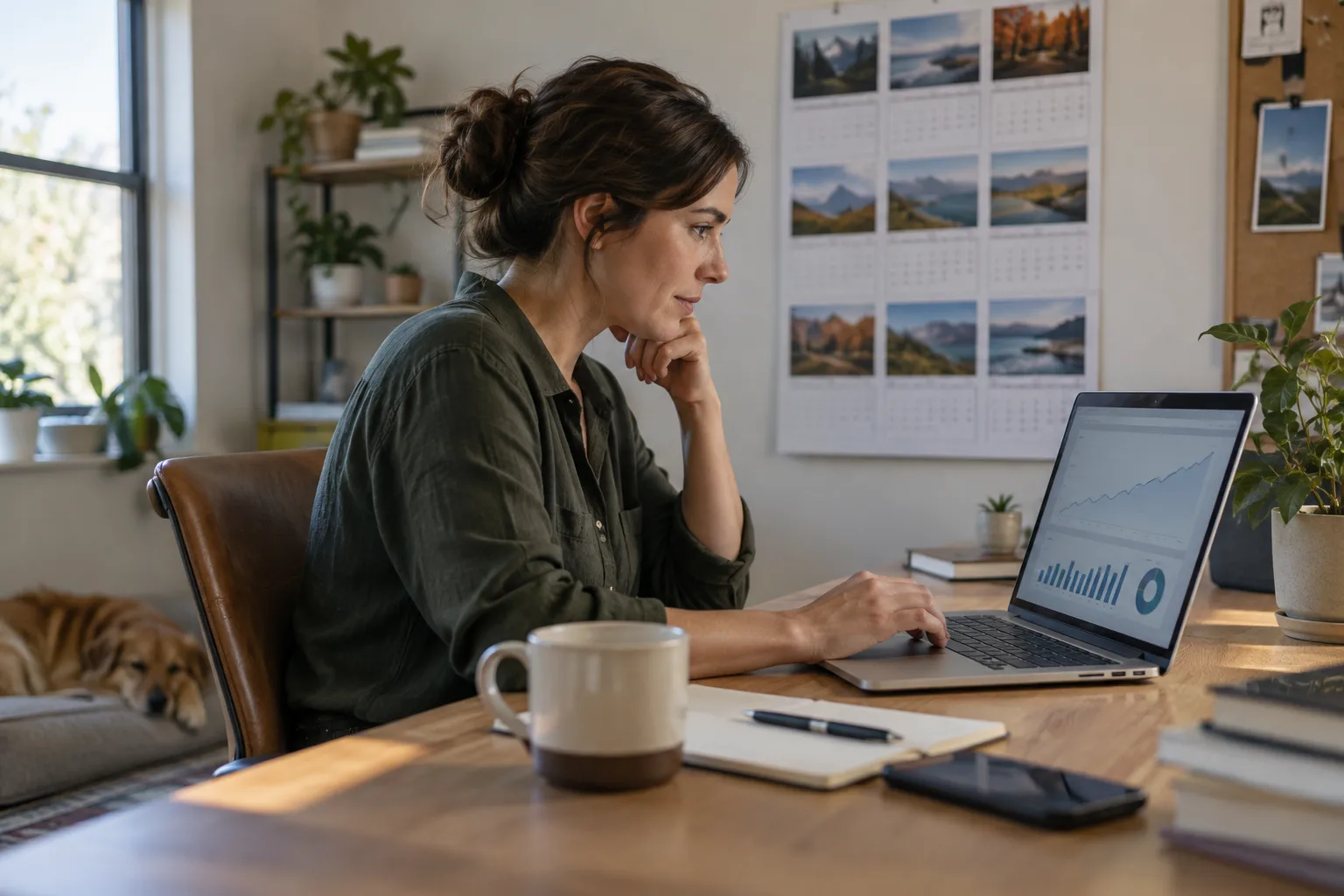 A small business owner reviewing a search ranking dashboard on a laptop in an office.