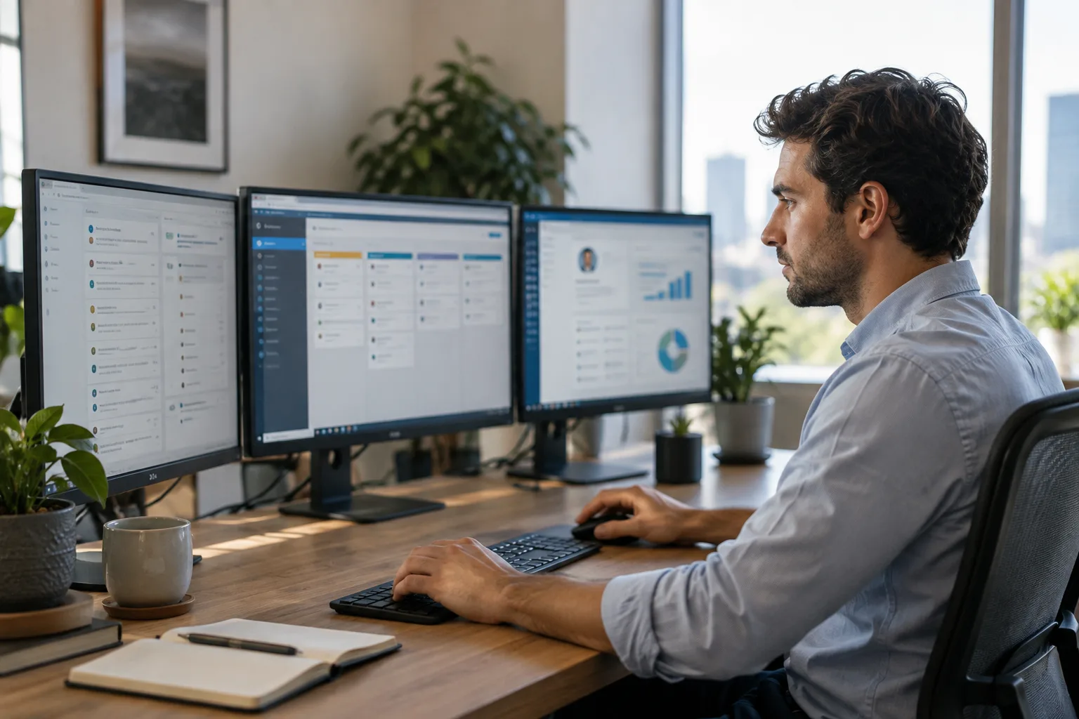 A salesperson sits at a desk monitoring email and CRM dashboards on multiple screens.