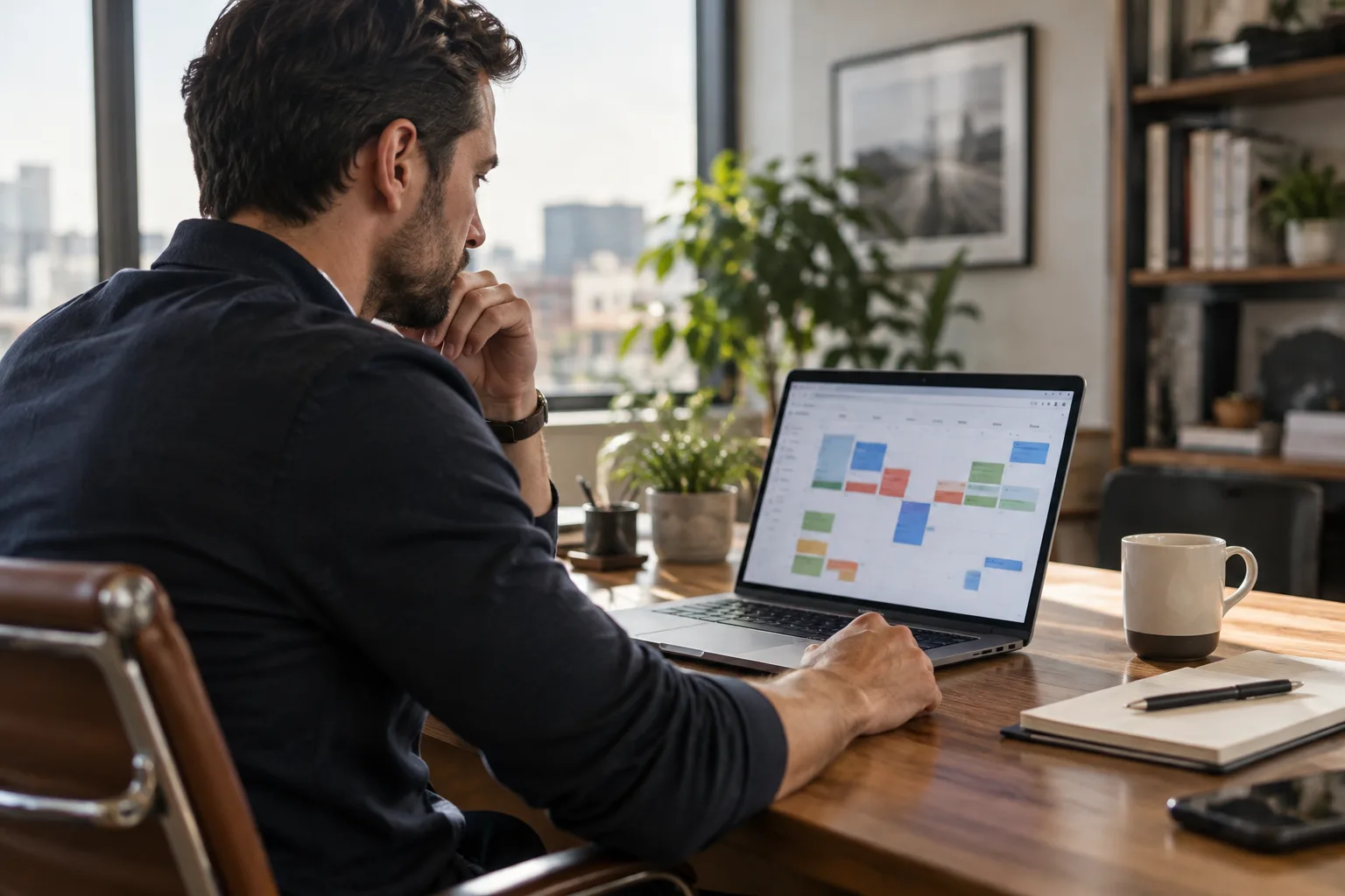 A photo of a founder reviewing a calendar of booked meetings on a laptop at their desk.