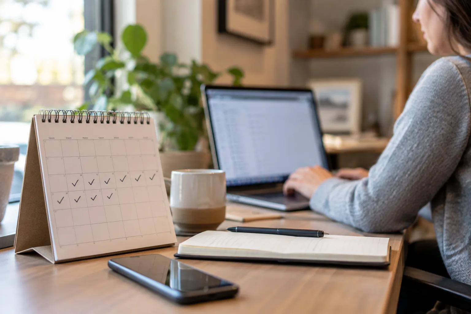 Photo of a desk calendar and laptop representing weeks of consistent outreach.