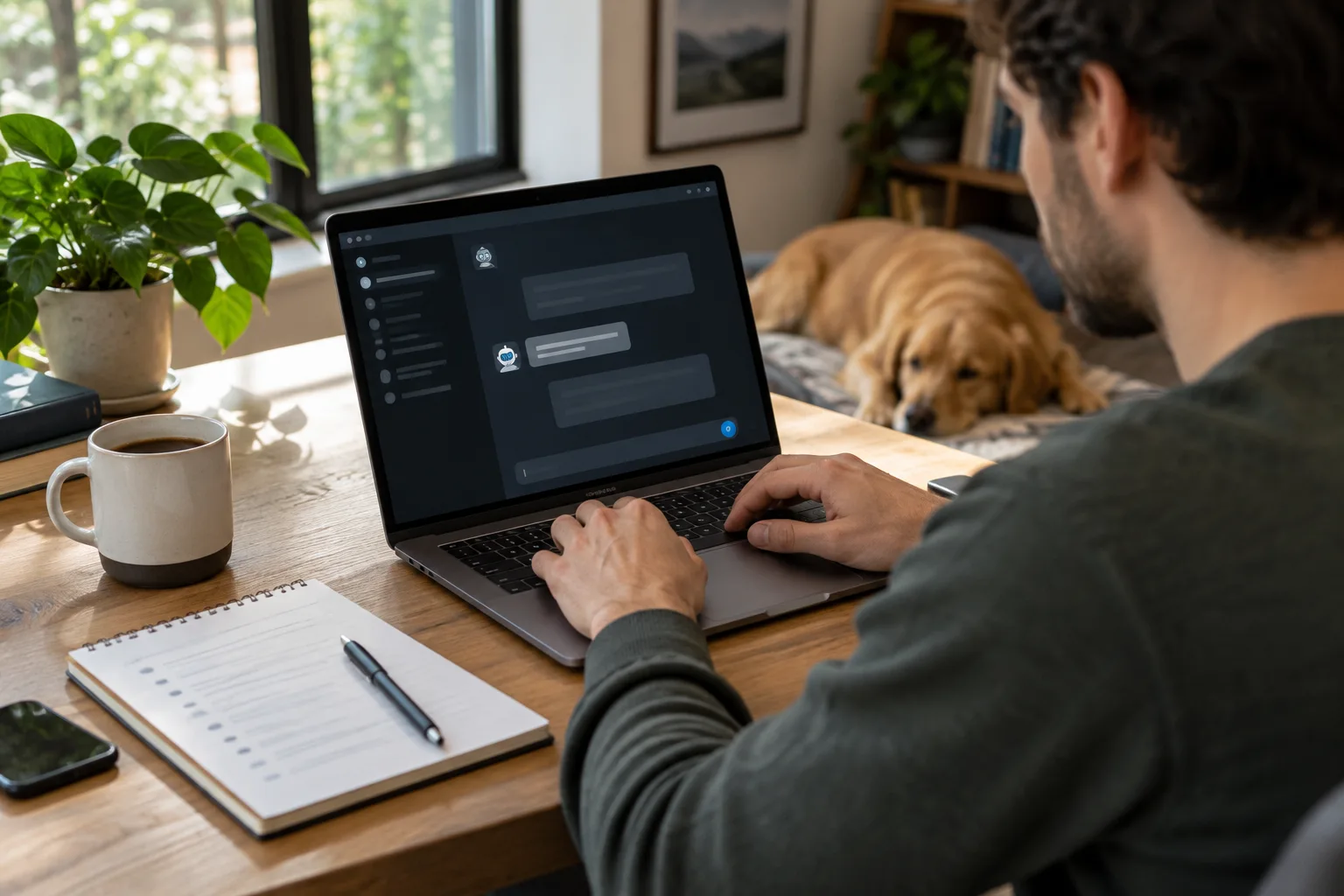 A person typing job details into an AI chatbot on a laptop at a desk.