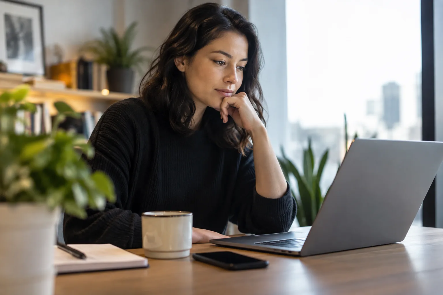 A person reviewing a social media draft on a laptop at their desk