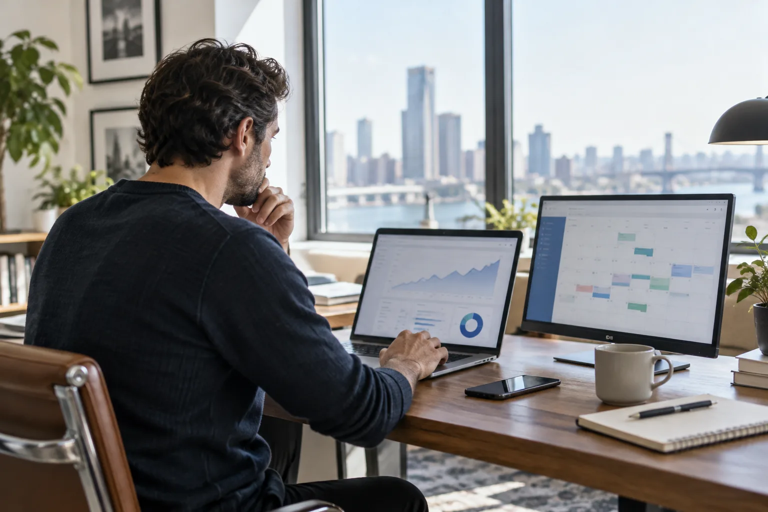 A founder reviewing an outbound sales dashboard on a laptop in an office.