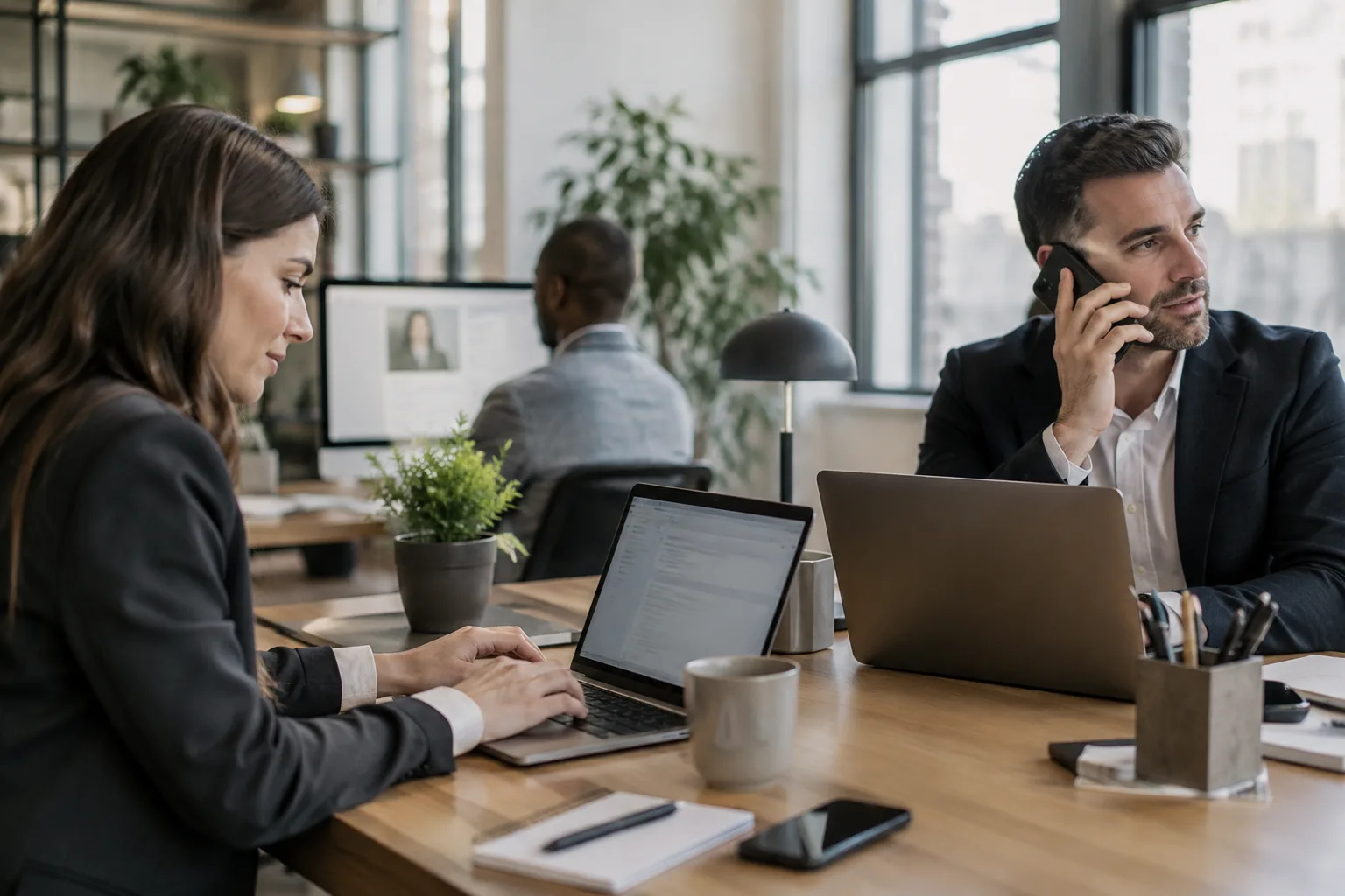 A small sales team working across phone, email, and LinkedIn at their desks.