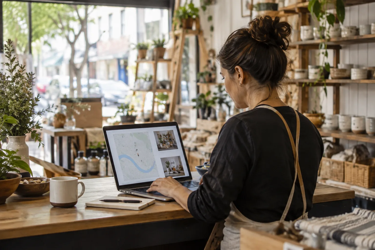 A photo of a local business owner working on a laptop displaying a neighborhood map and web pages.