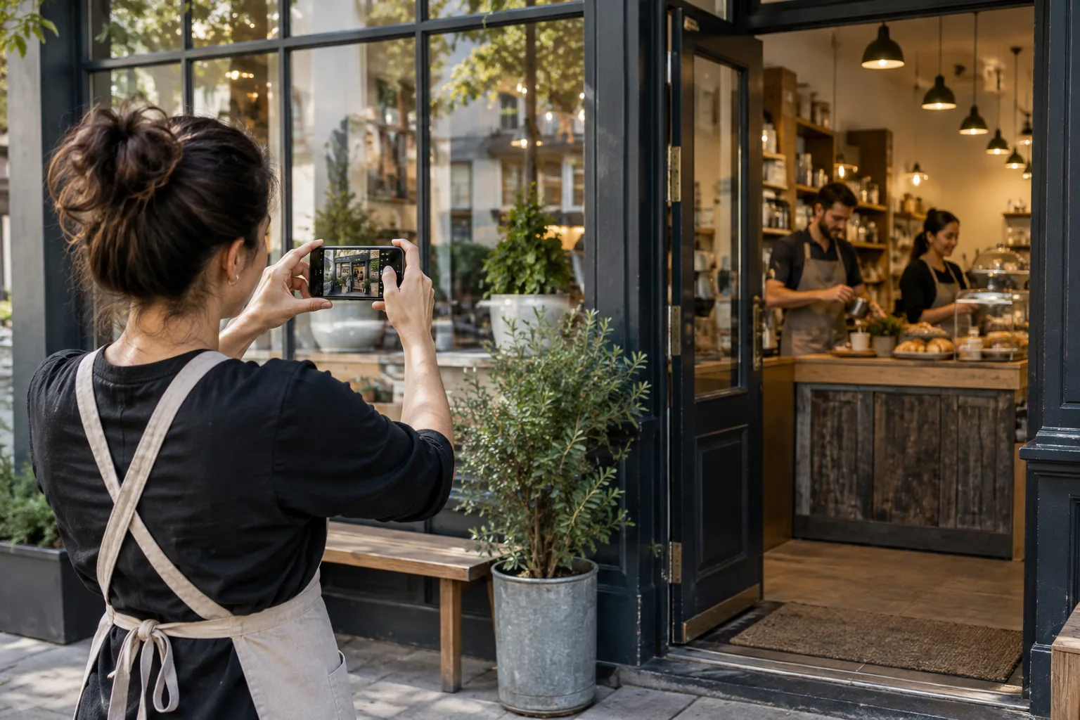 A business owner taking a photo of their storefront and team for their online profile.