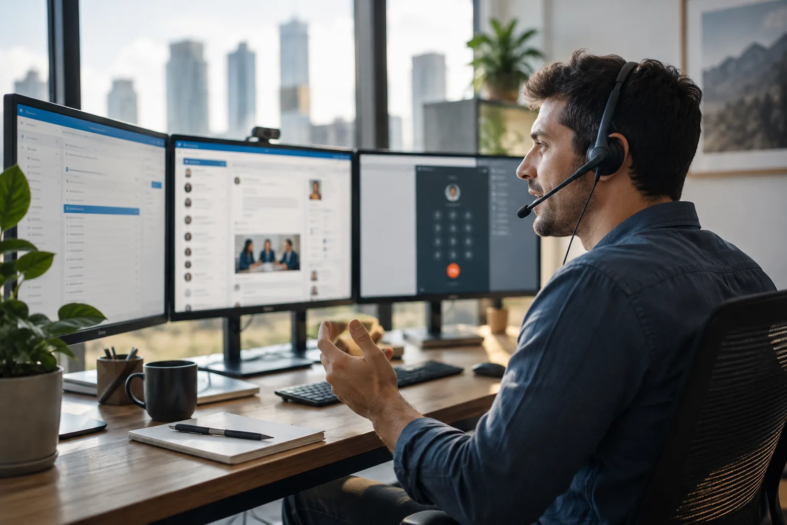 A photo of a sales rep working email, LinkedIn, and a phone dialer together at a multi-monitor desk.