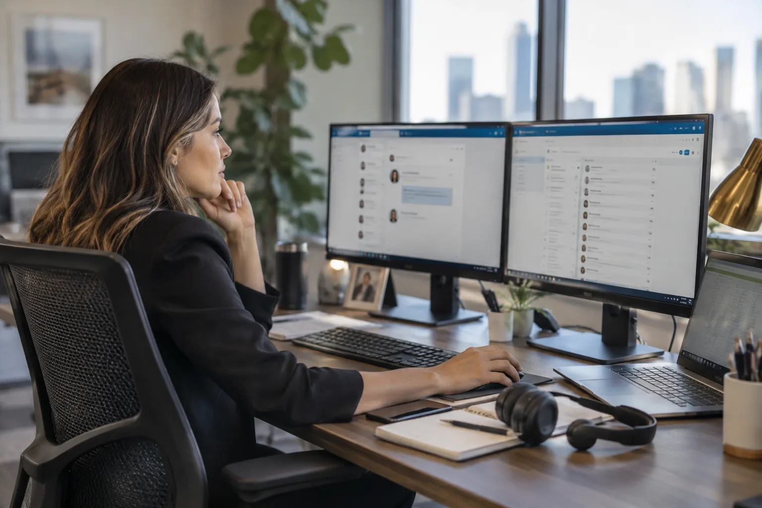 A salesperson at a desk managing LinkedIn, email, and phone outreach across multiple screens.