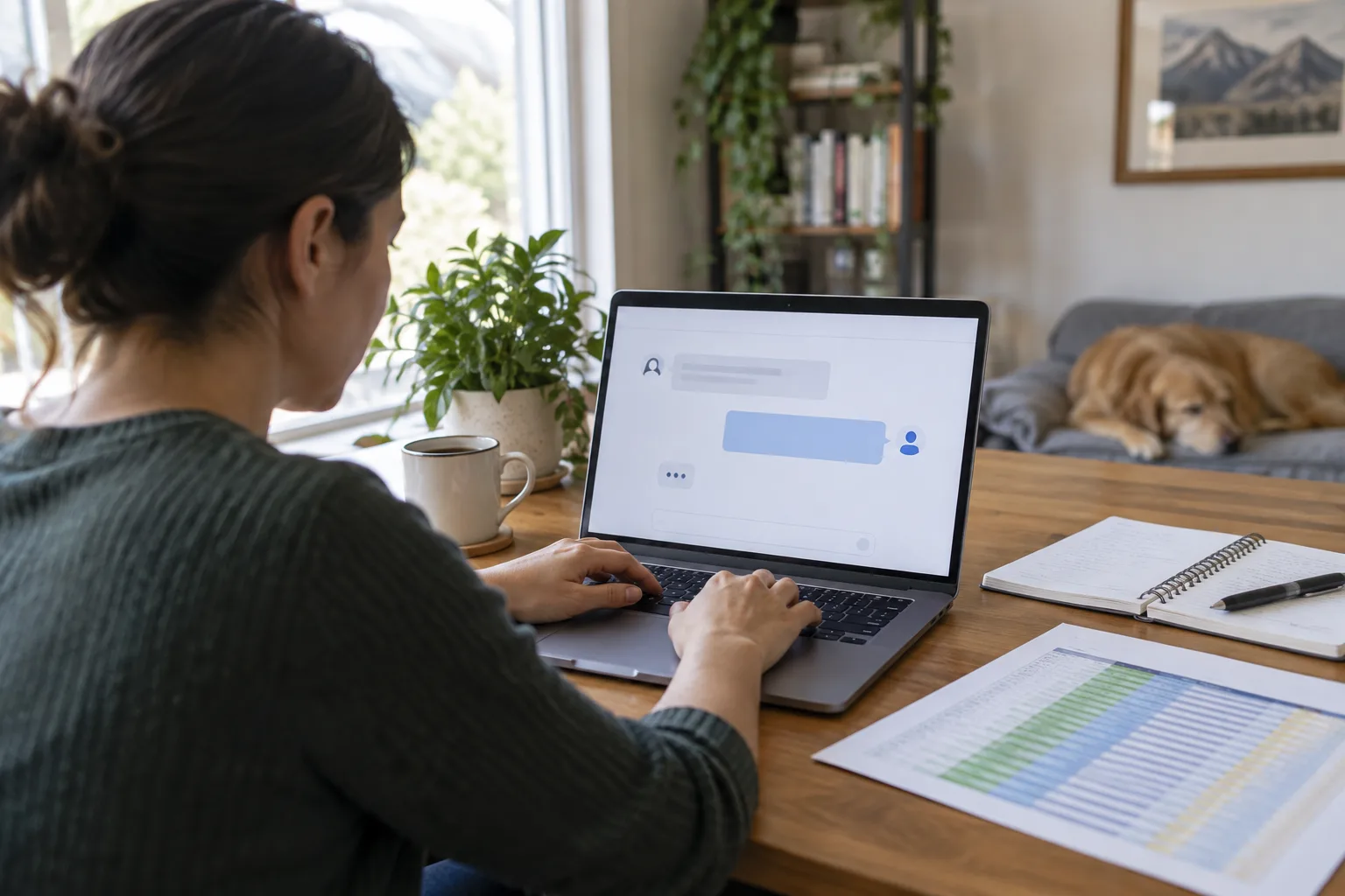 A person at a desk types questions into an AI chat assistant while tracking results on a laptop.