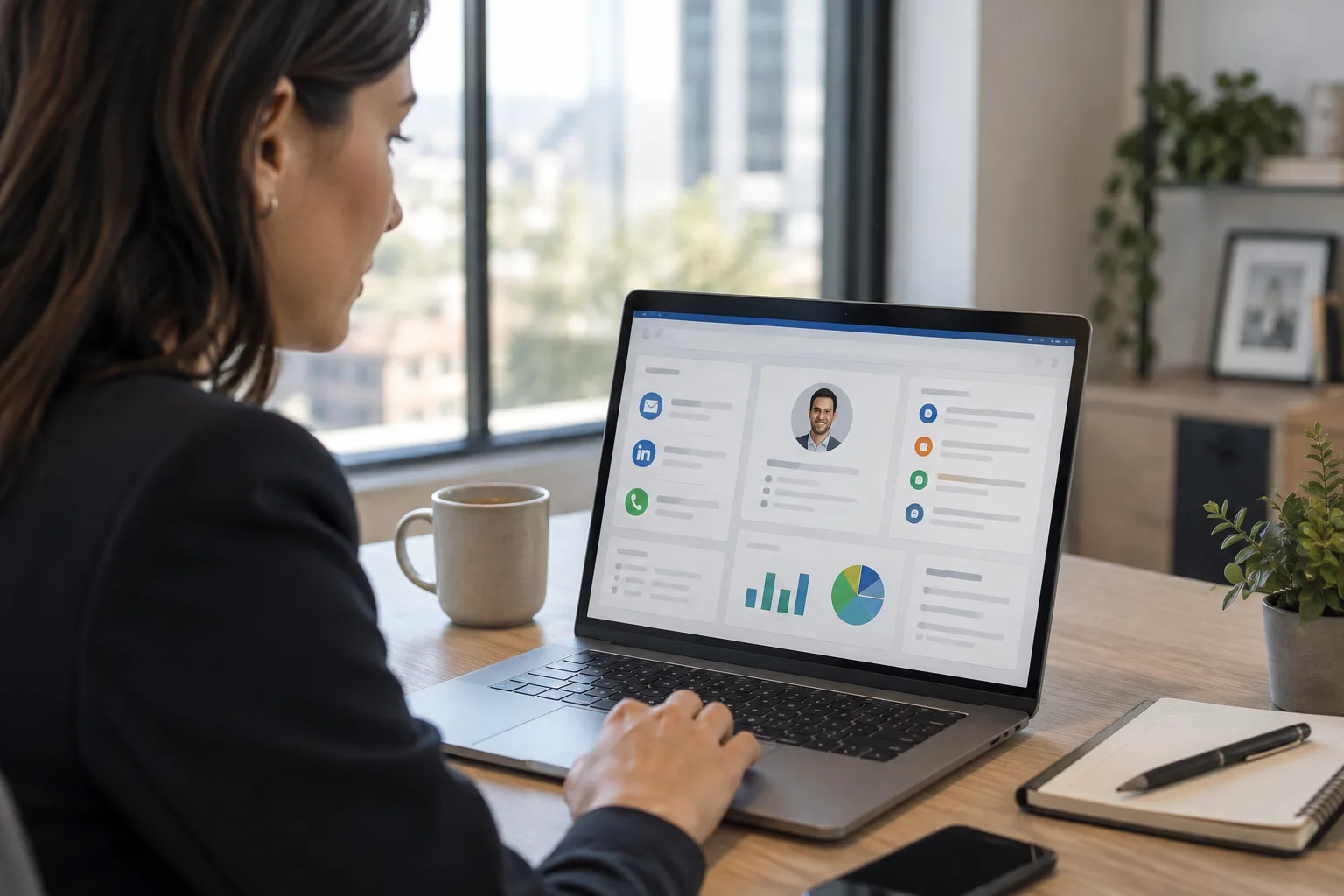 A salesperson reviewing a unified outbound analytics dashboard on a laptop at their desk.