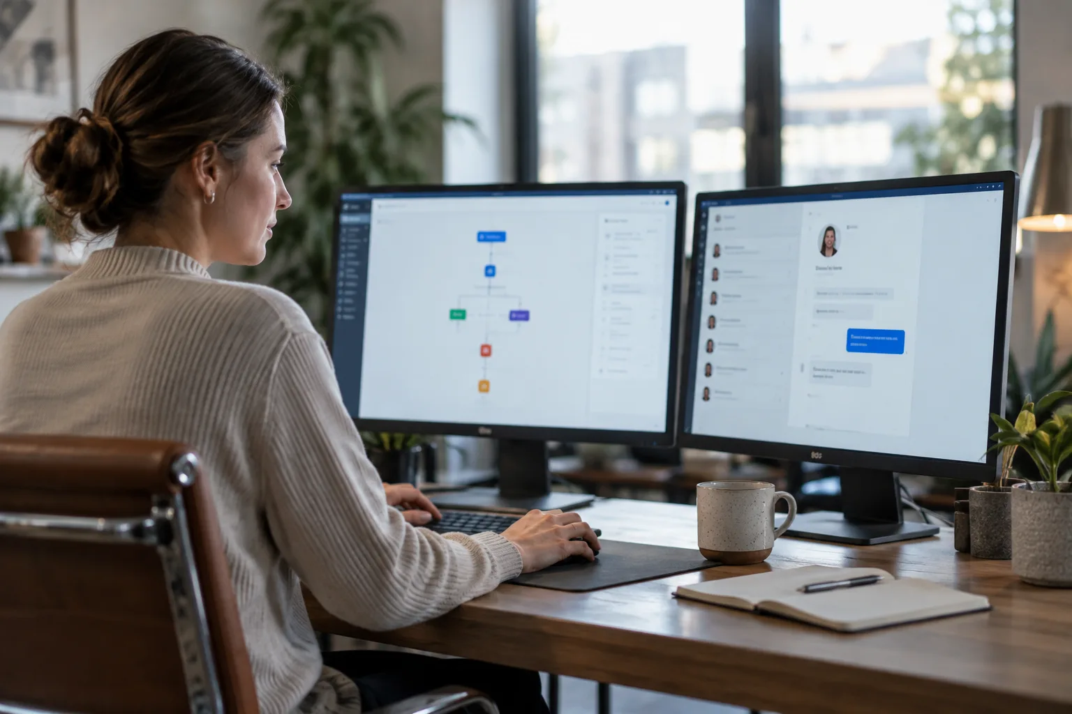 A salesperson managing email and LinkedIn outreach side by side at their desk.