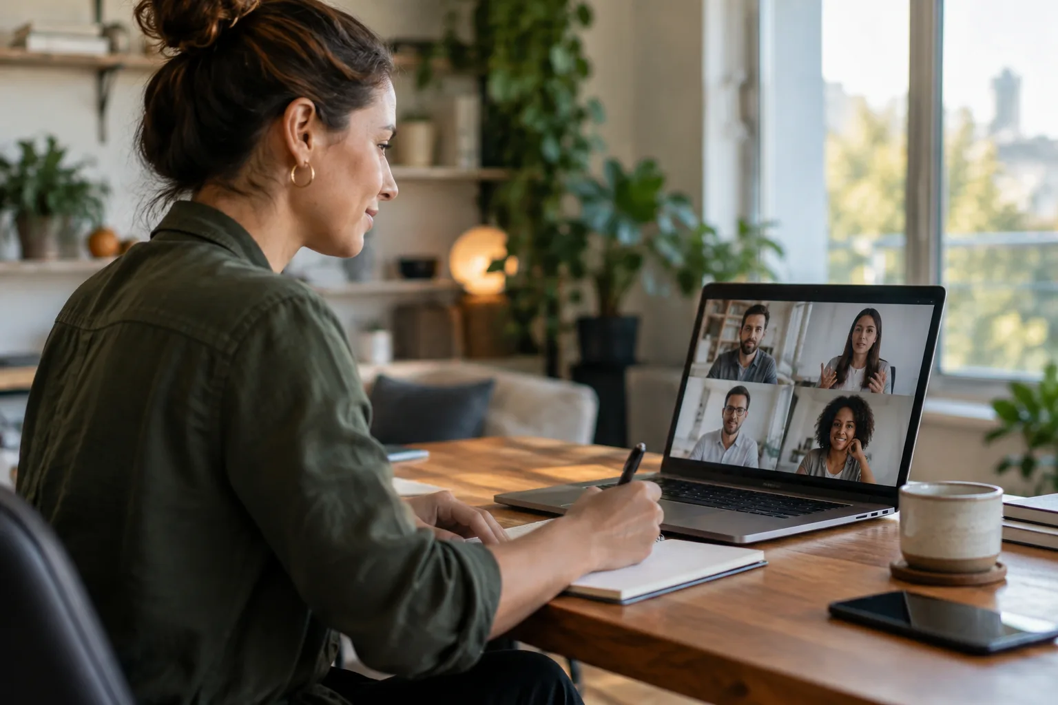 Photograph of a business owner conducting a video call interview while taking notes