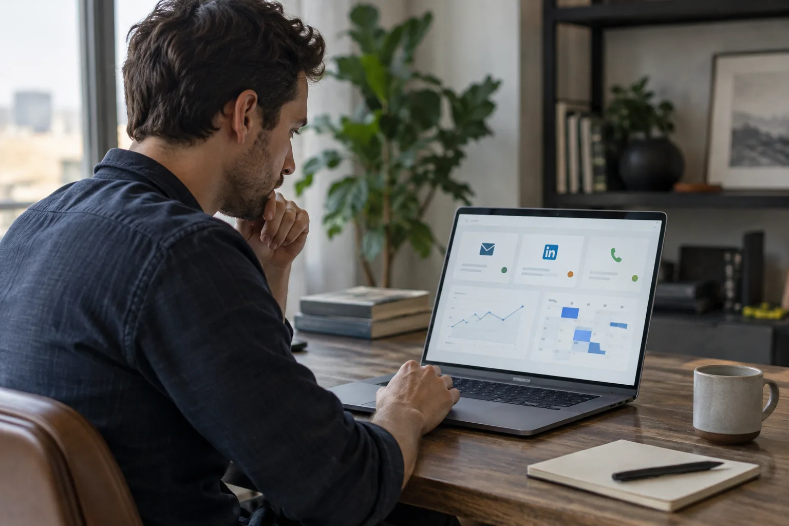 A founder at a laptop looking at a dashboard showing booked meetings from multiple outreach channels.