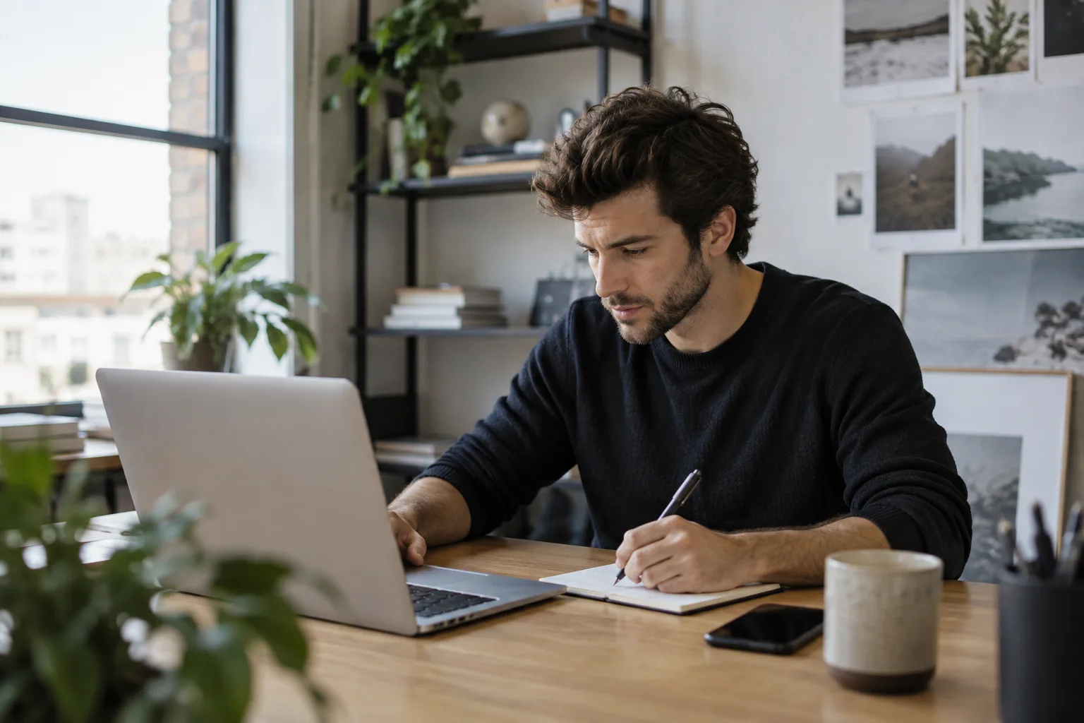 A photograph of a founder working alone at a laptop doing outbound sales tasks.