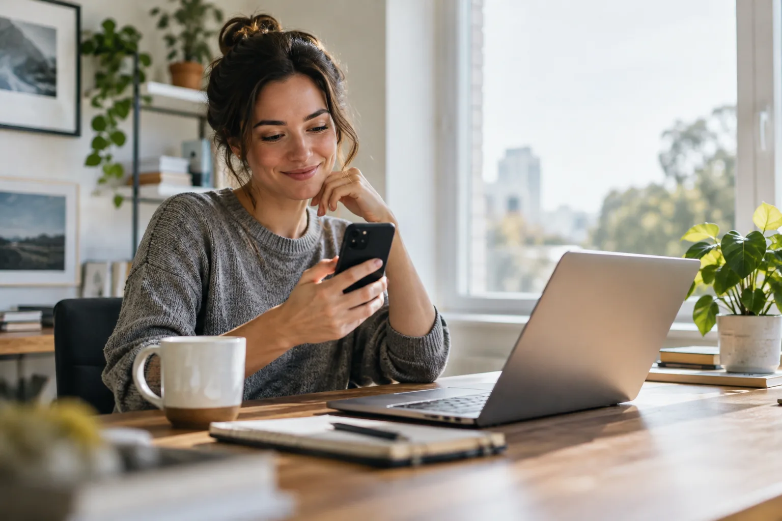 A person checking phone notifications at a desk in the morning after posting on LinkedIn.