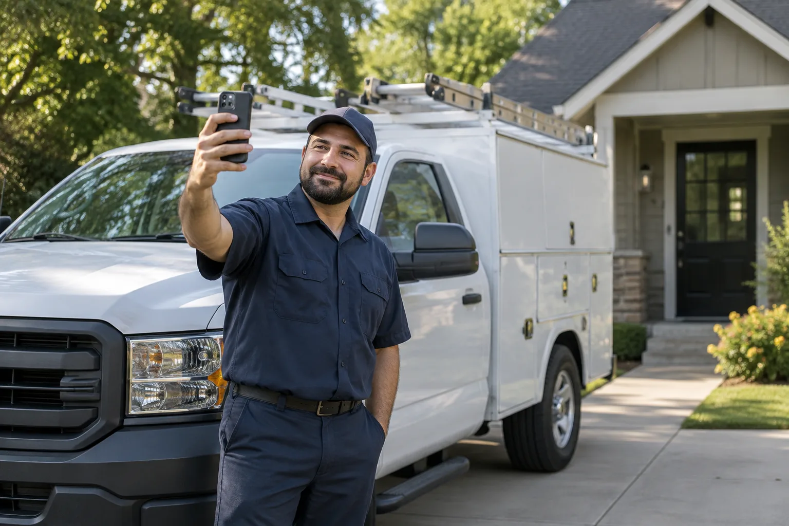 An HVAC technician stands next to his service truck in a driveway, photographing it for an online business listing.