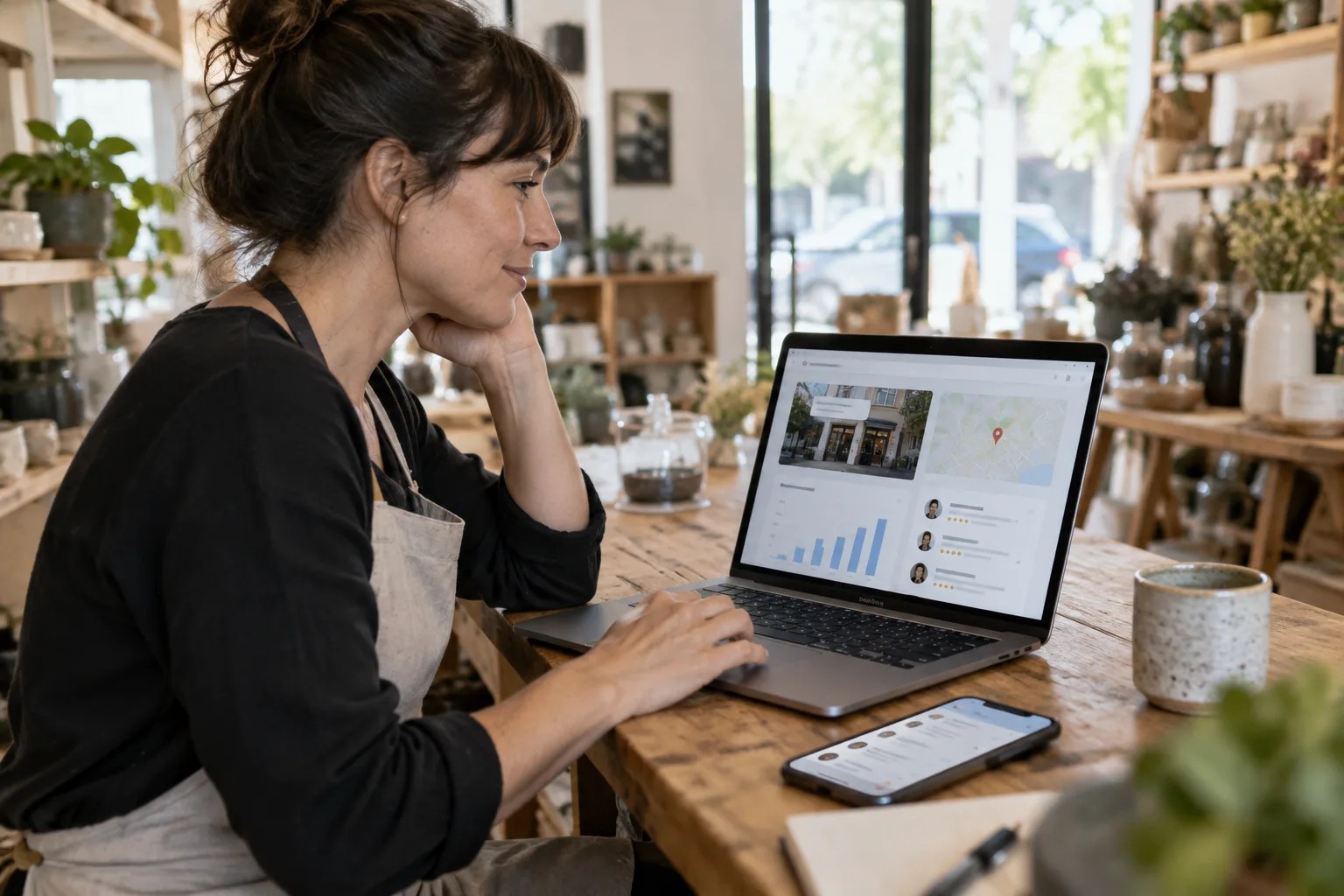 A photograph of a business owner reviewing their Google Business Profile on a laptop at their desk.