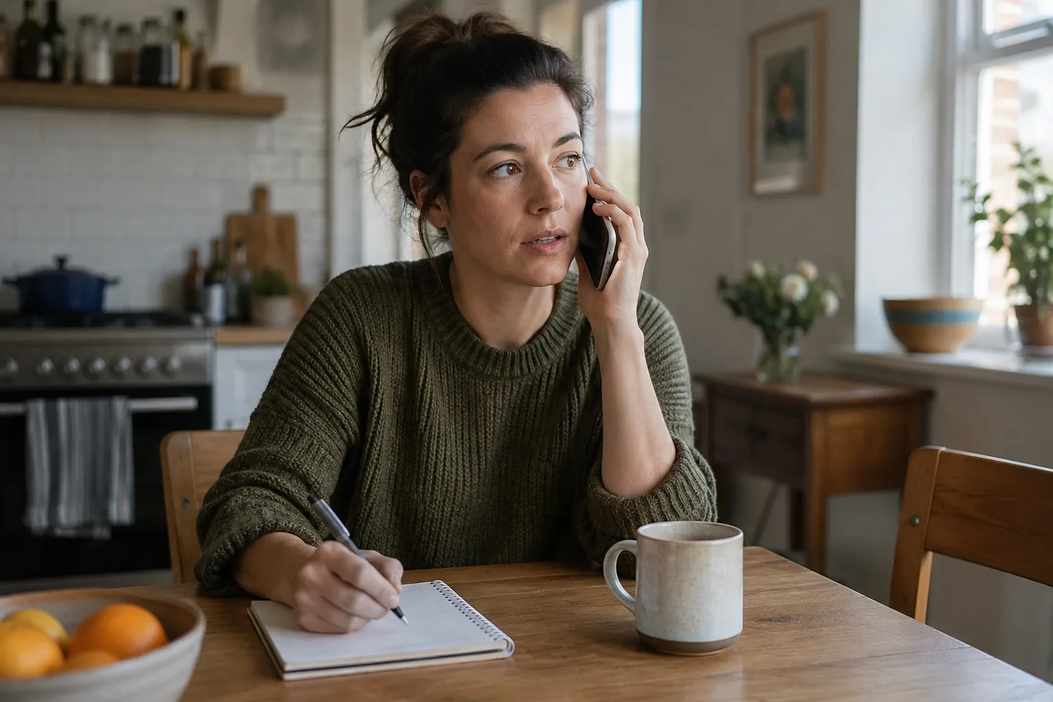 A photo of a person conducting a phone screen call while taking notes at a table.