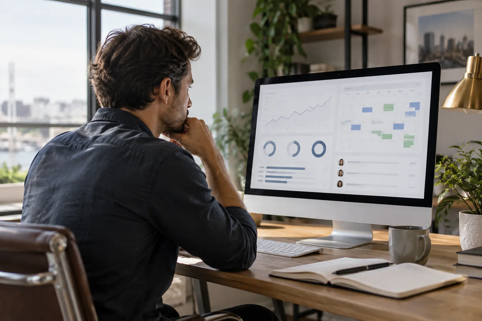 A person at a laptop reviewing a CRM dashboard showing email outreach metrics and booked meetings.