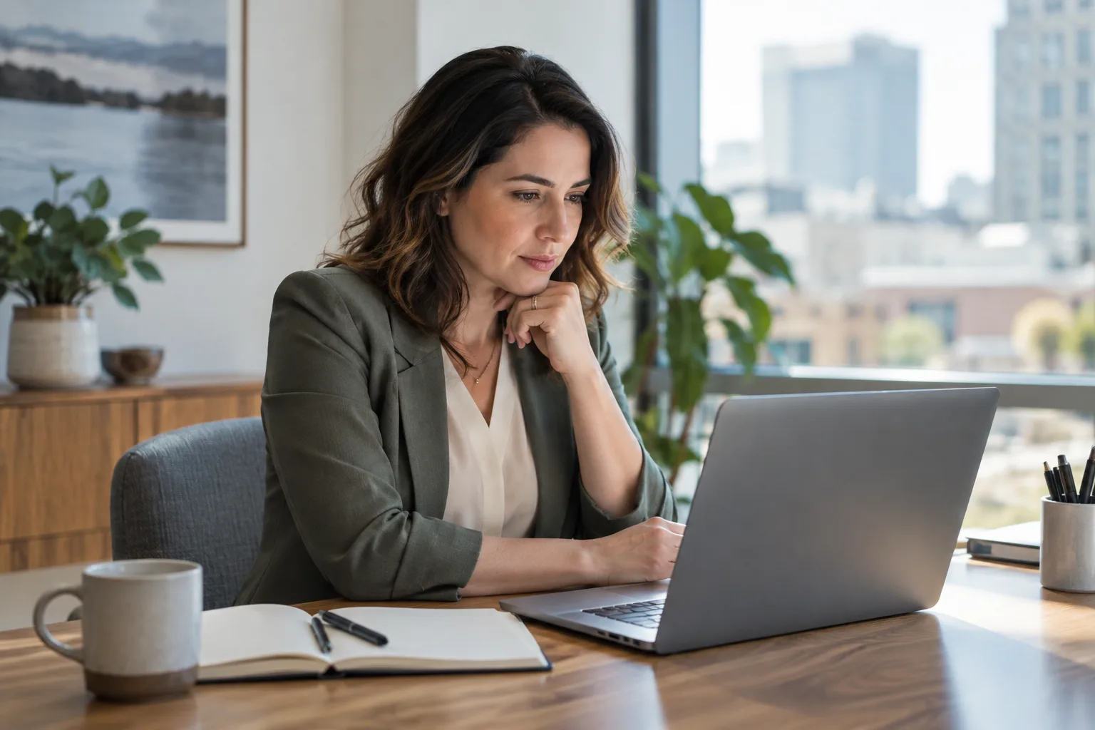 A recruiter at their desk reviewing outbound emails on a laptop.