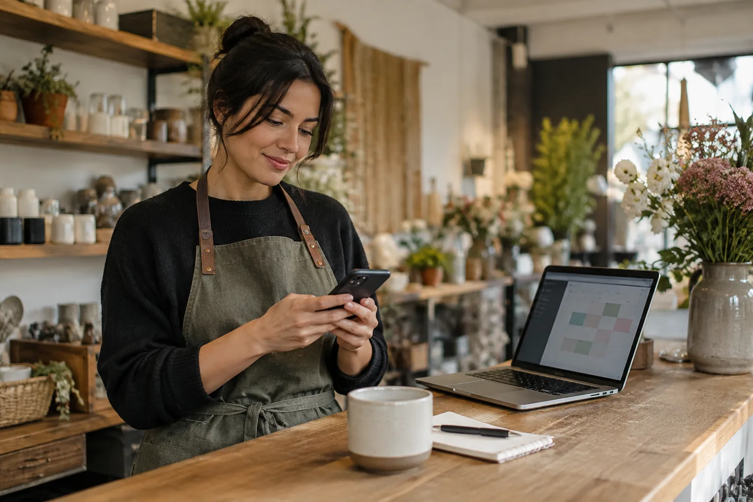 A small business owner reviewing their website and bookings on a laptop and phone at their shop counter.
