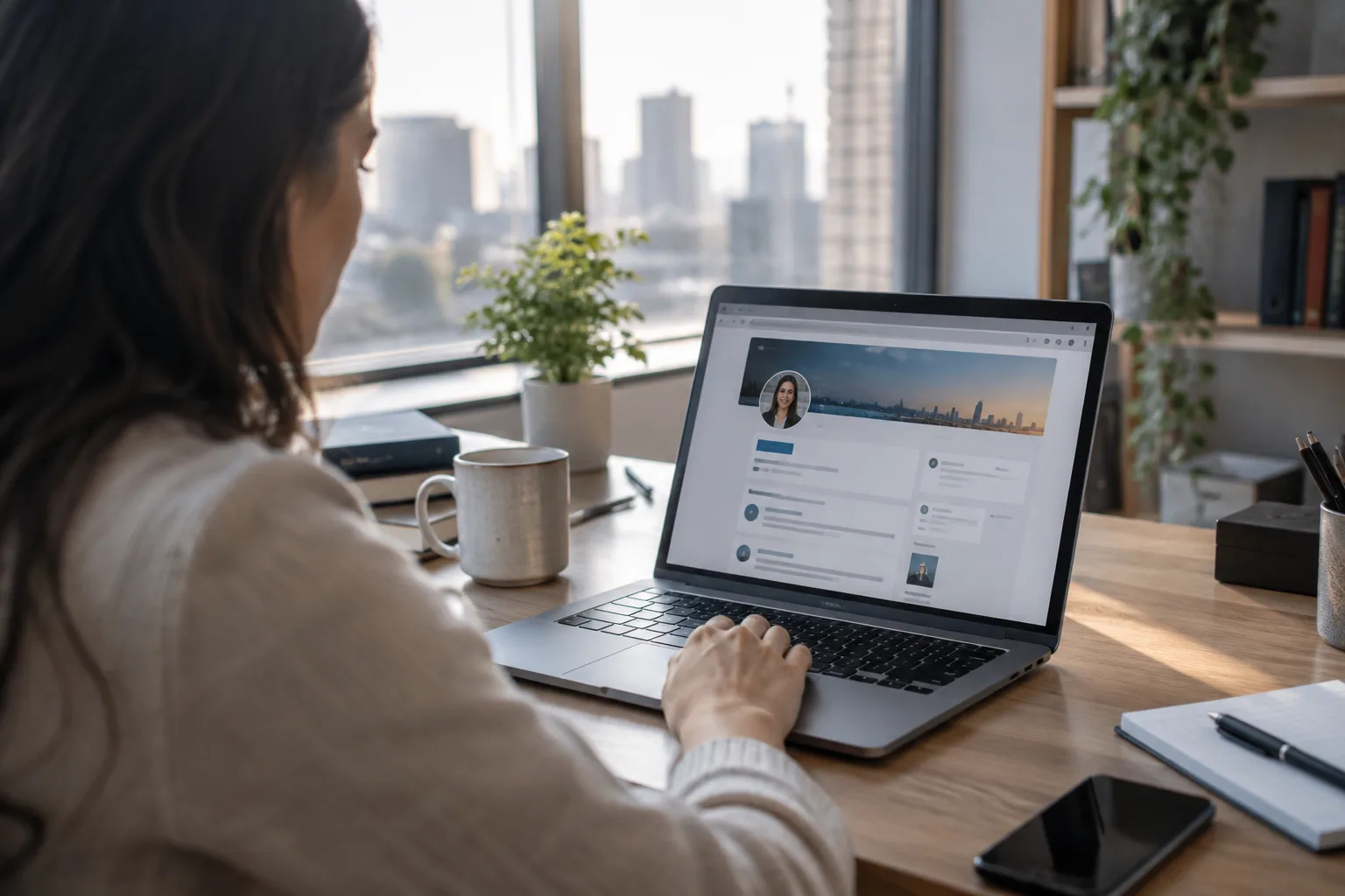 A person sits at a laptop casually browsing a social network profile in a sunlit office.