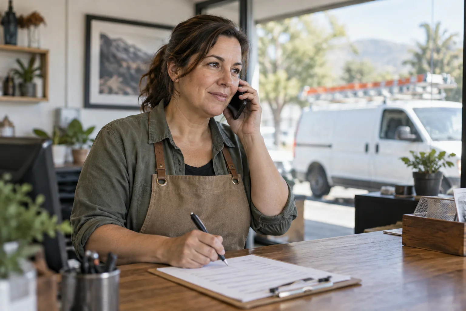 A shop owner on the phone reaching out to a local business about fleet vehicle maintenance.