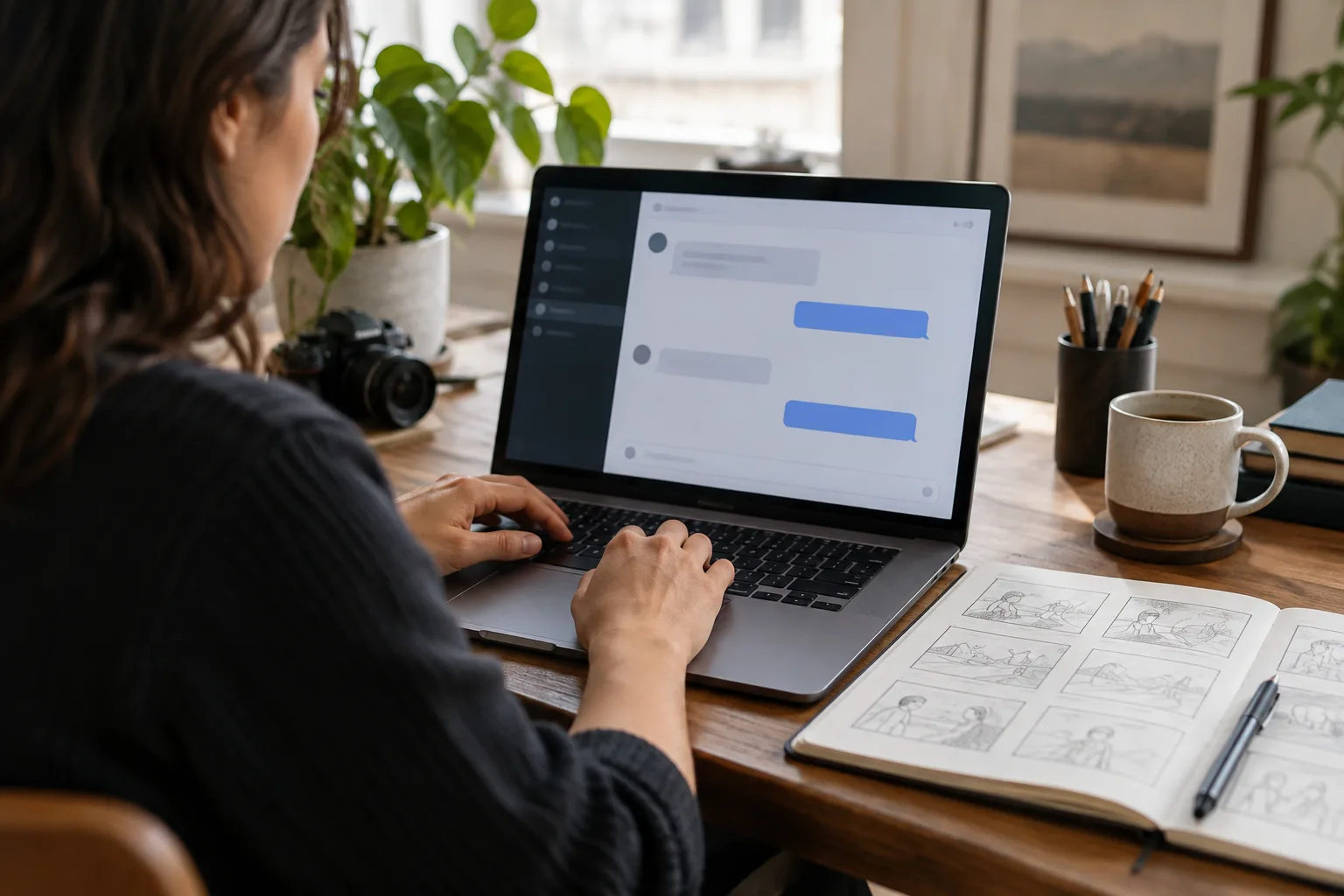 A person sits at a laptop writing a video script in a chat interface, with handwritten scene notes on a notepad nearby.