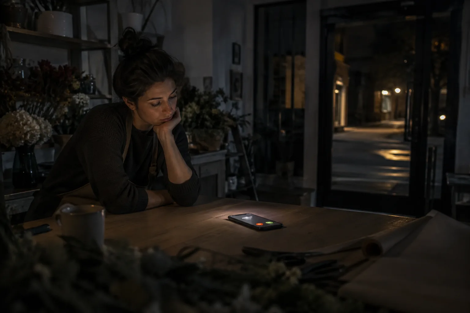 A photo of a smartphone ringing on a counter inside a closed small business at night.
