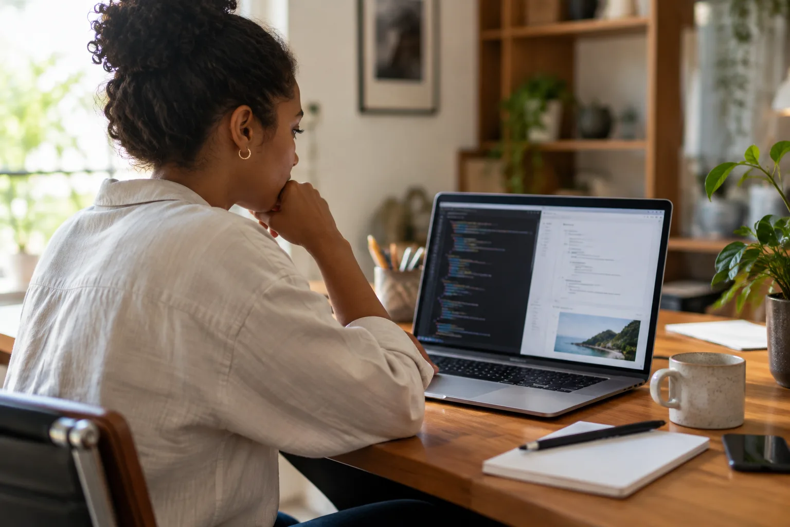 A person reviewing website code and structure on a laptop screen.