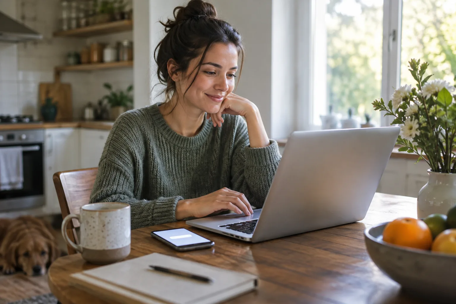 A person sitting at a table booking a job interview time slot on a laptop.