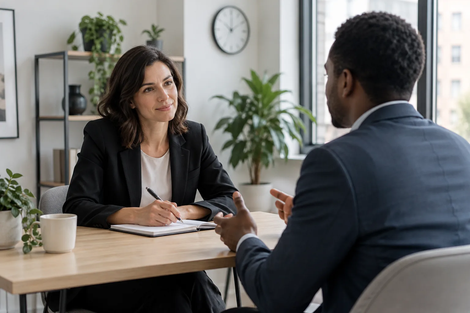 A hiring manager interviews a candidate at a small table in a bright office.