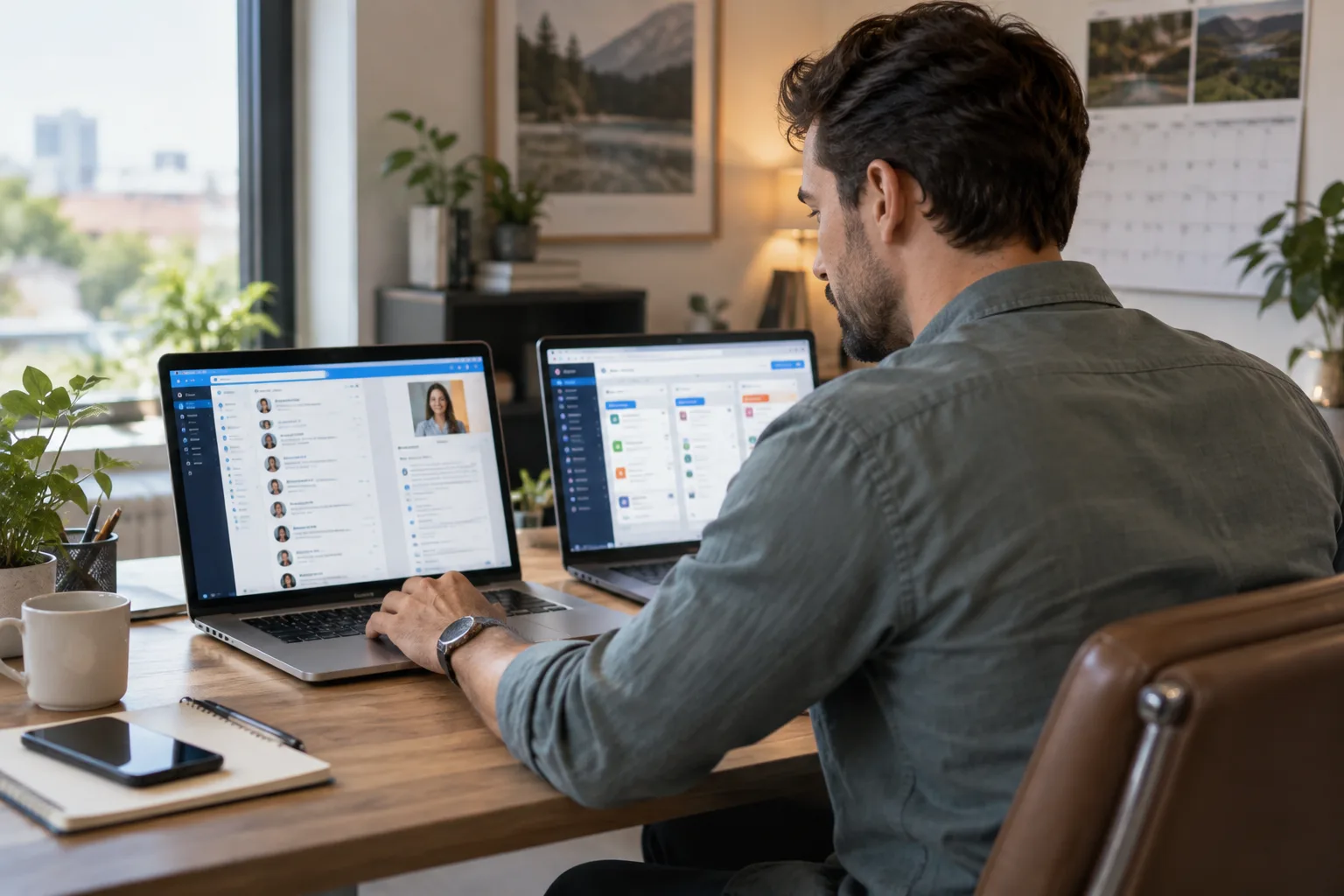 A photo of a salesperson working at two laptops side by side, comparing two outbound tools during a transition period.