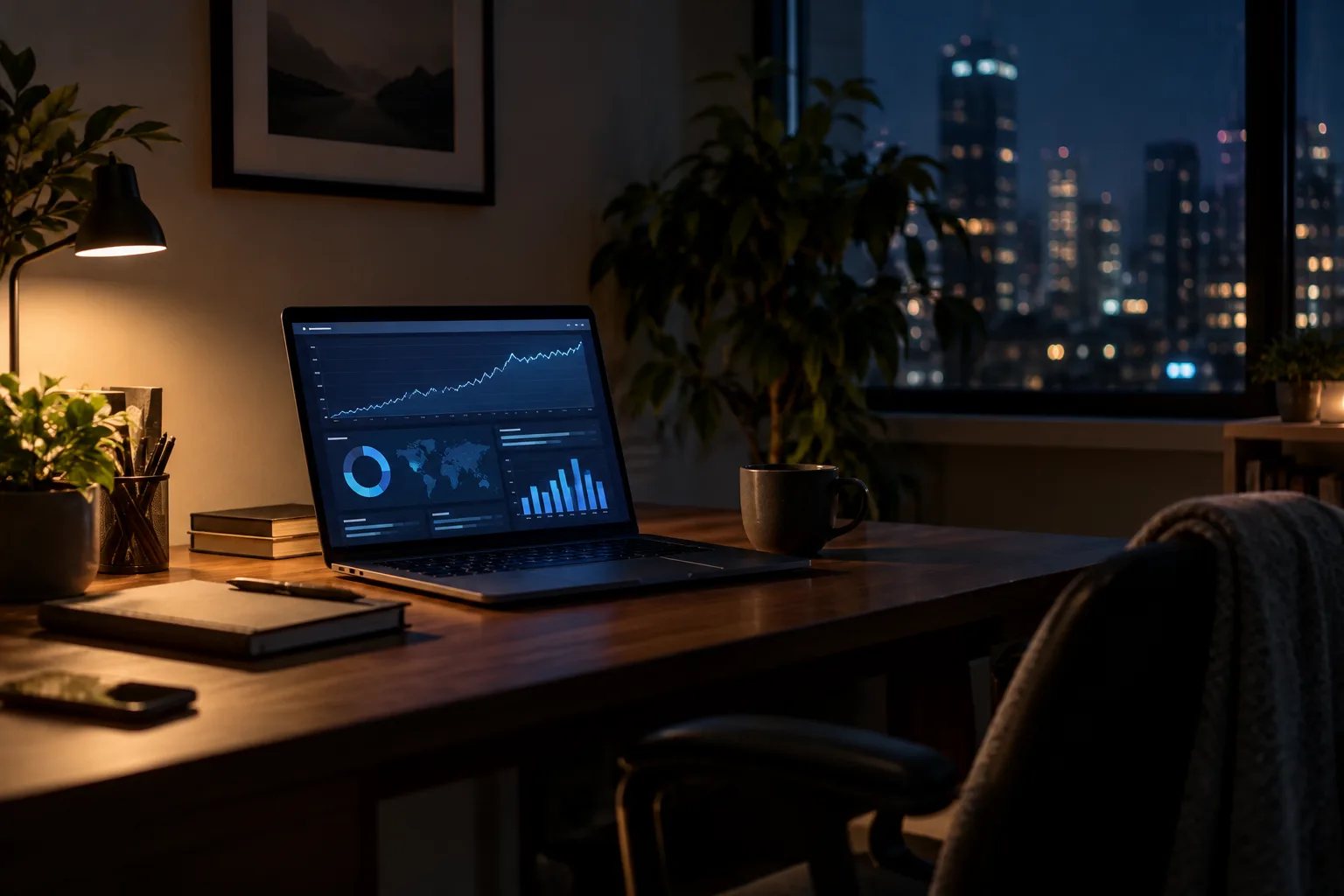A laptop glowing with analytics dashboards on an empty desk at night.