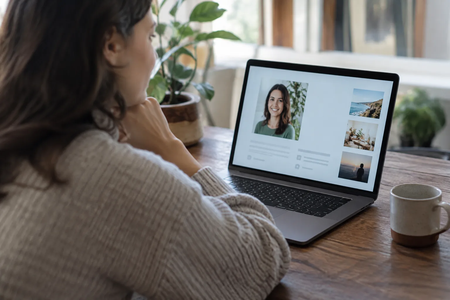 A professional looks at their biography page on a computer, illustrating how clear personal info helps AI Overviews