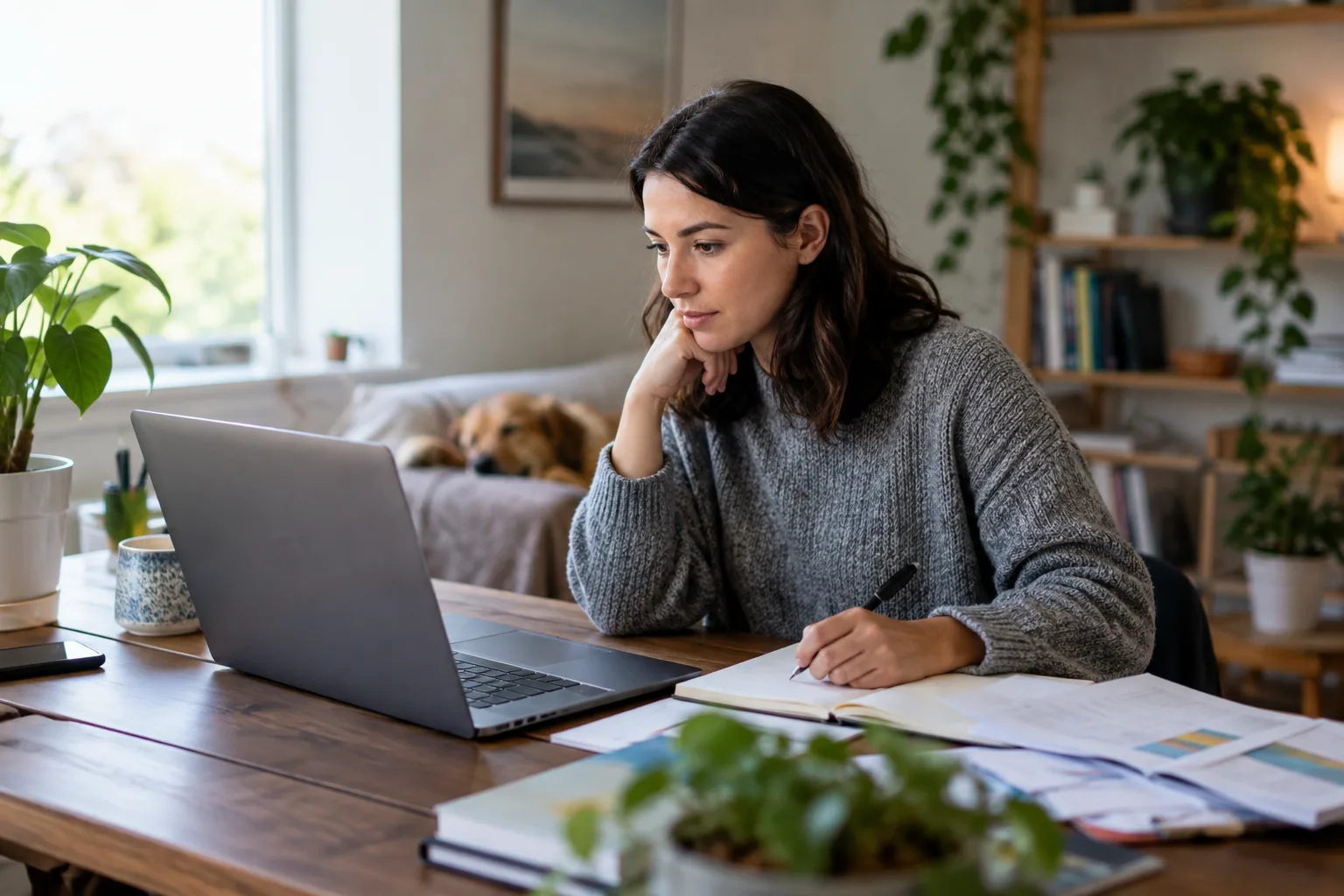 A person at a desk analyzing outreach campaign data on a laptop.