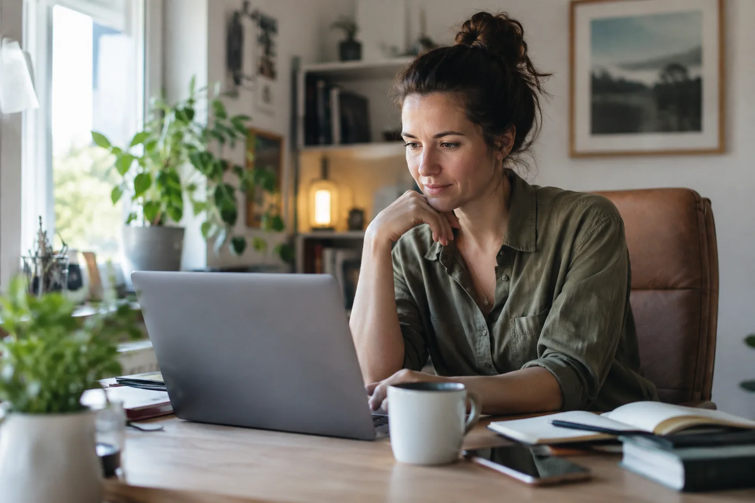 A solo founder working alone at a laptop managing outreach messages.