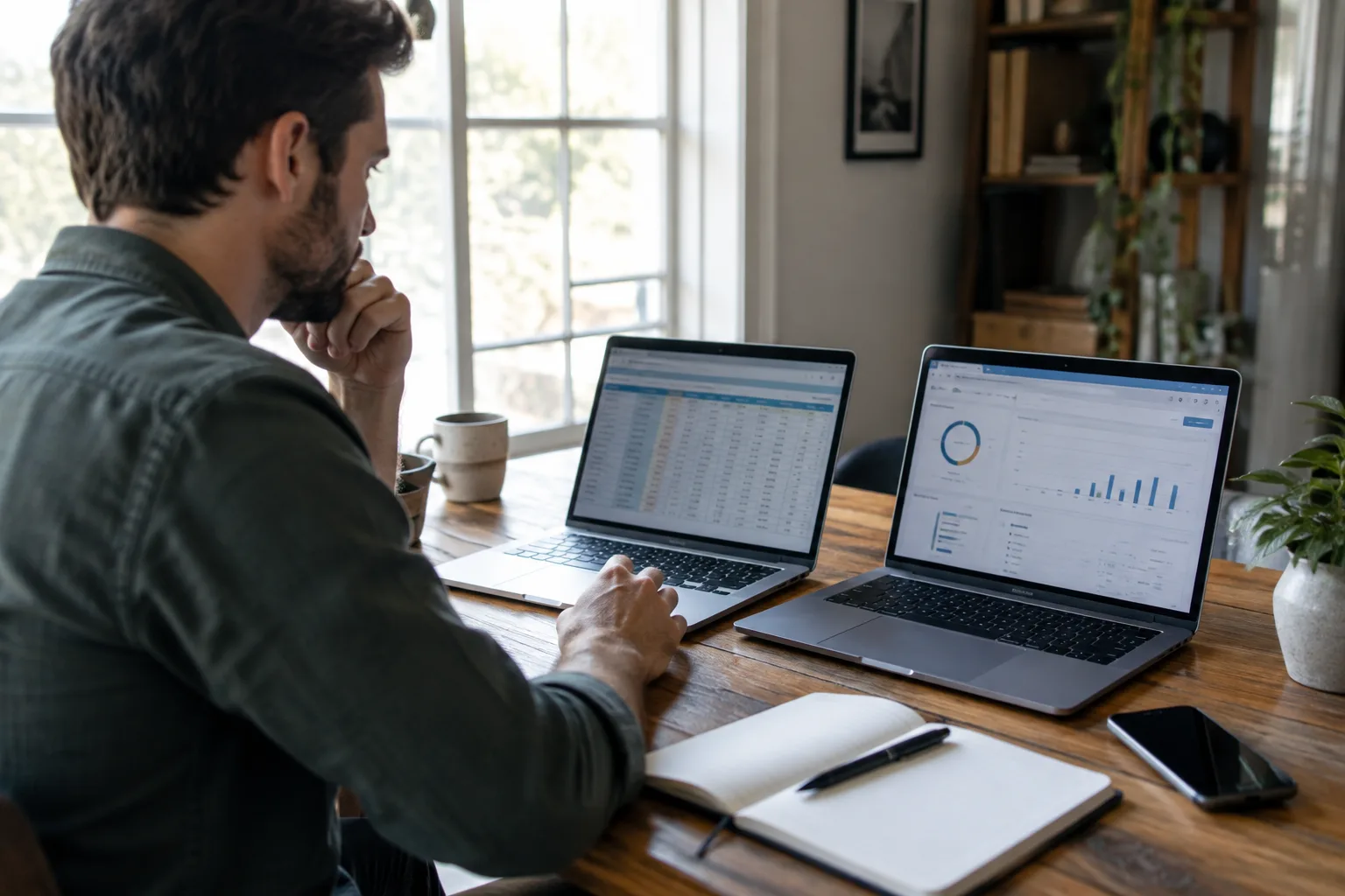 A salesperson running two dialer tools side by side on two laptops while migrating call data.