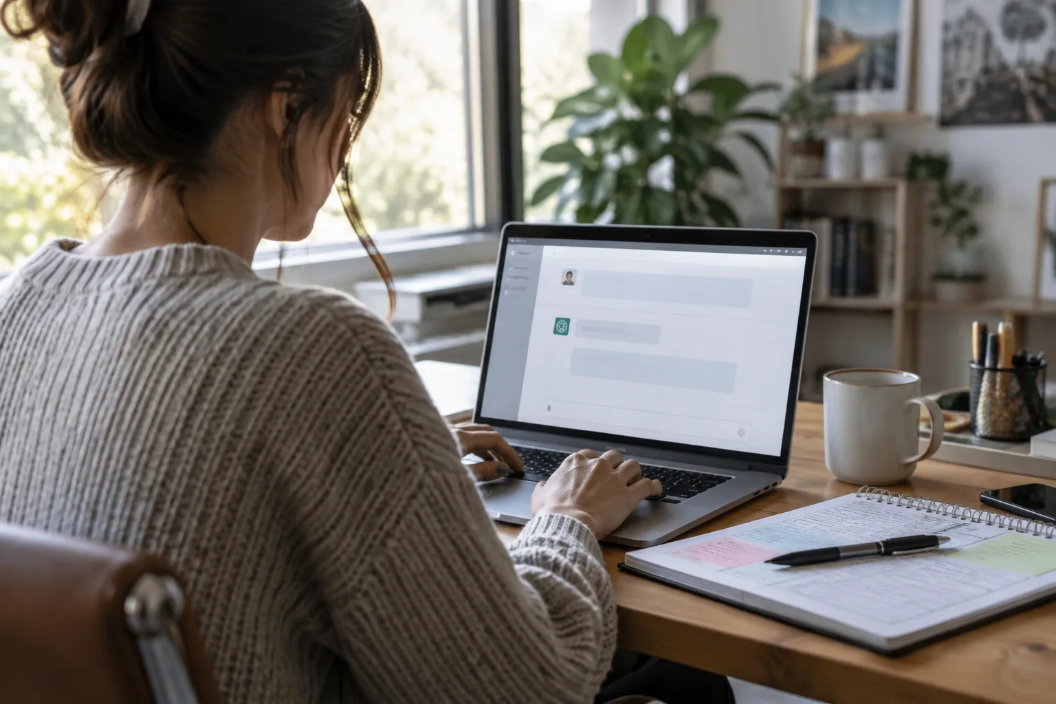 A person at a laptop checking an AI assistant's answer as part of a monthly marketing review.