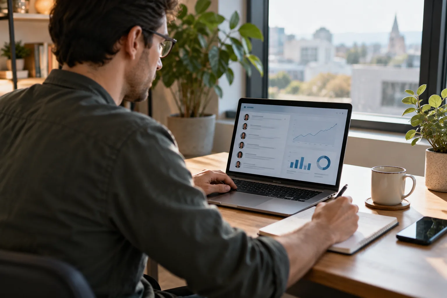 A person at a desk reviewing outreach results on a laptop before committing to a tool.