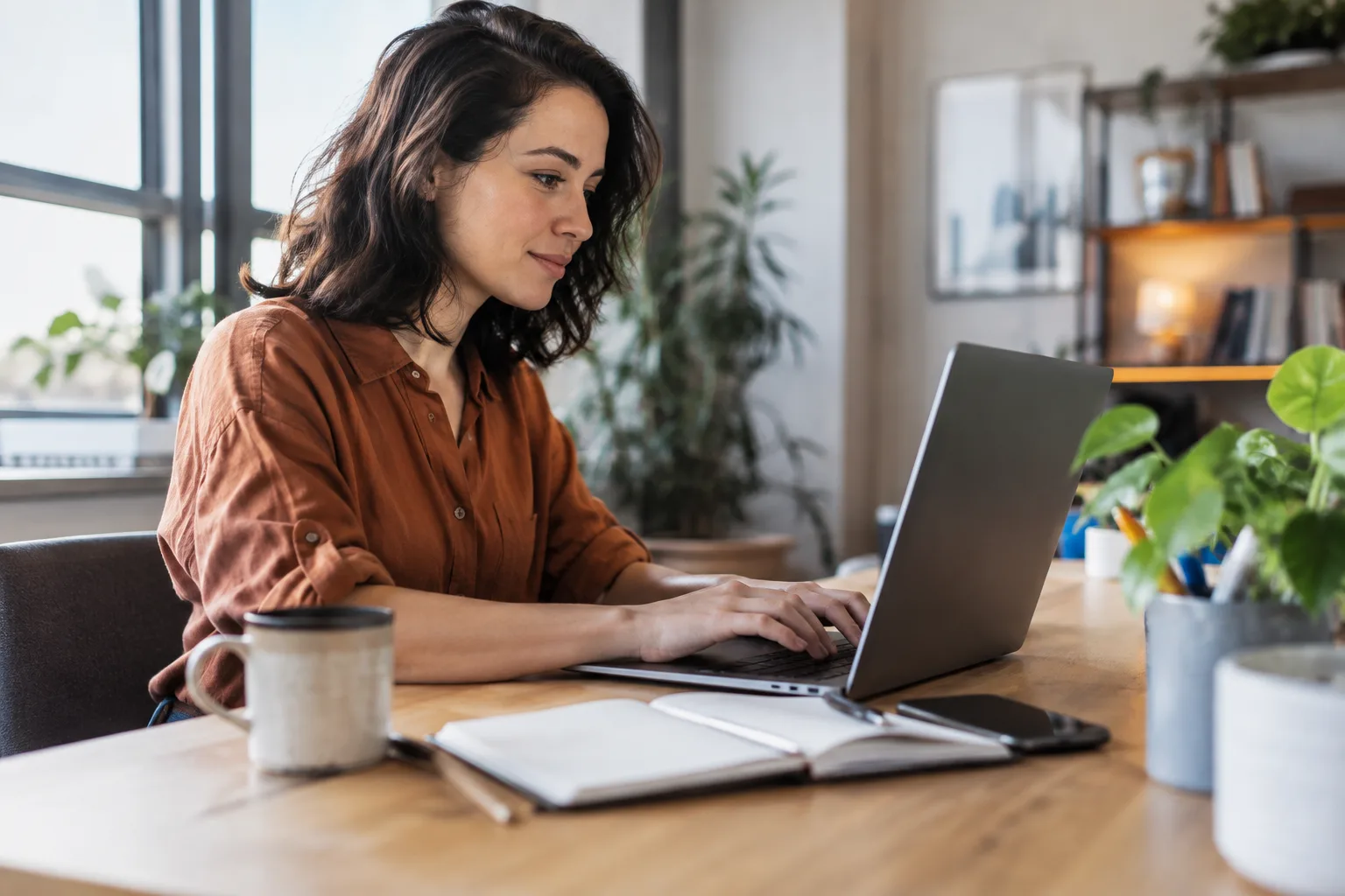 A person sitting at a desk writing content on a laptop.
