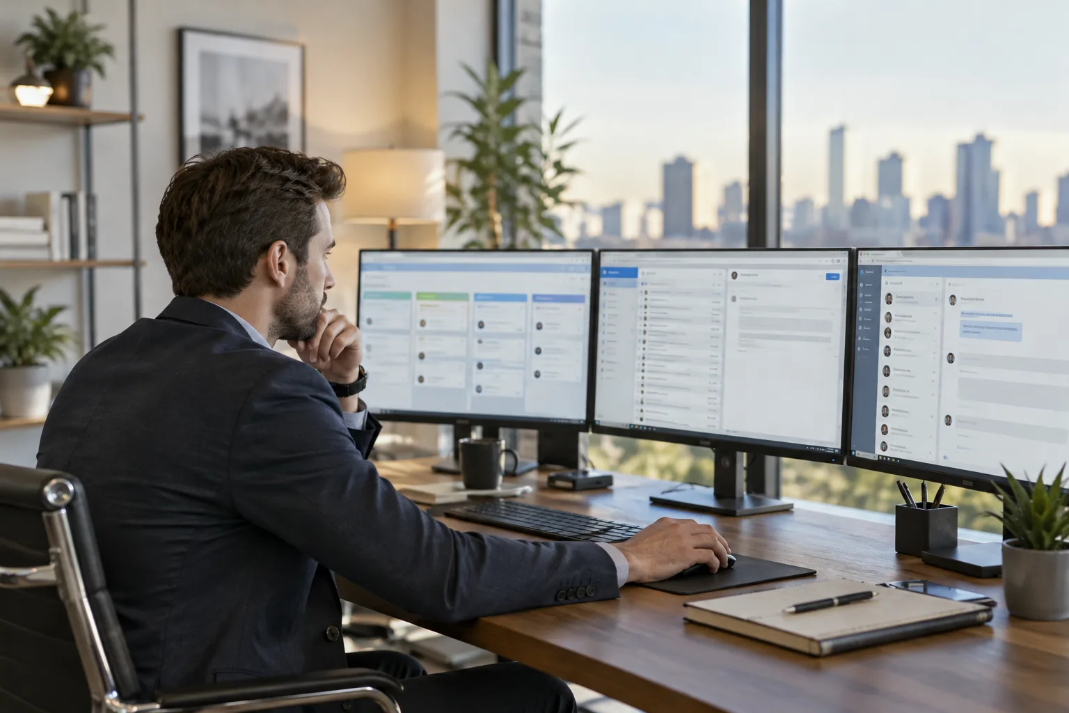 A salesperson working at a desk with several screens showing outreach tools