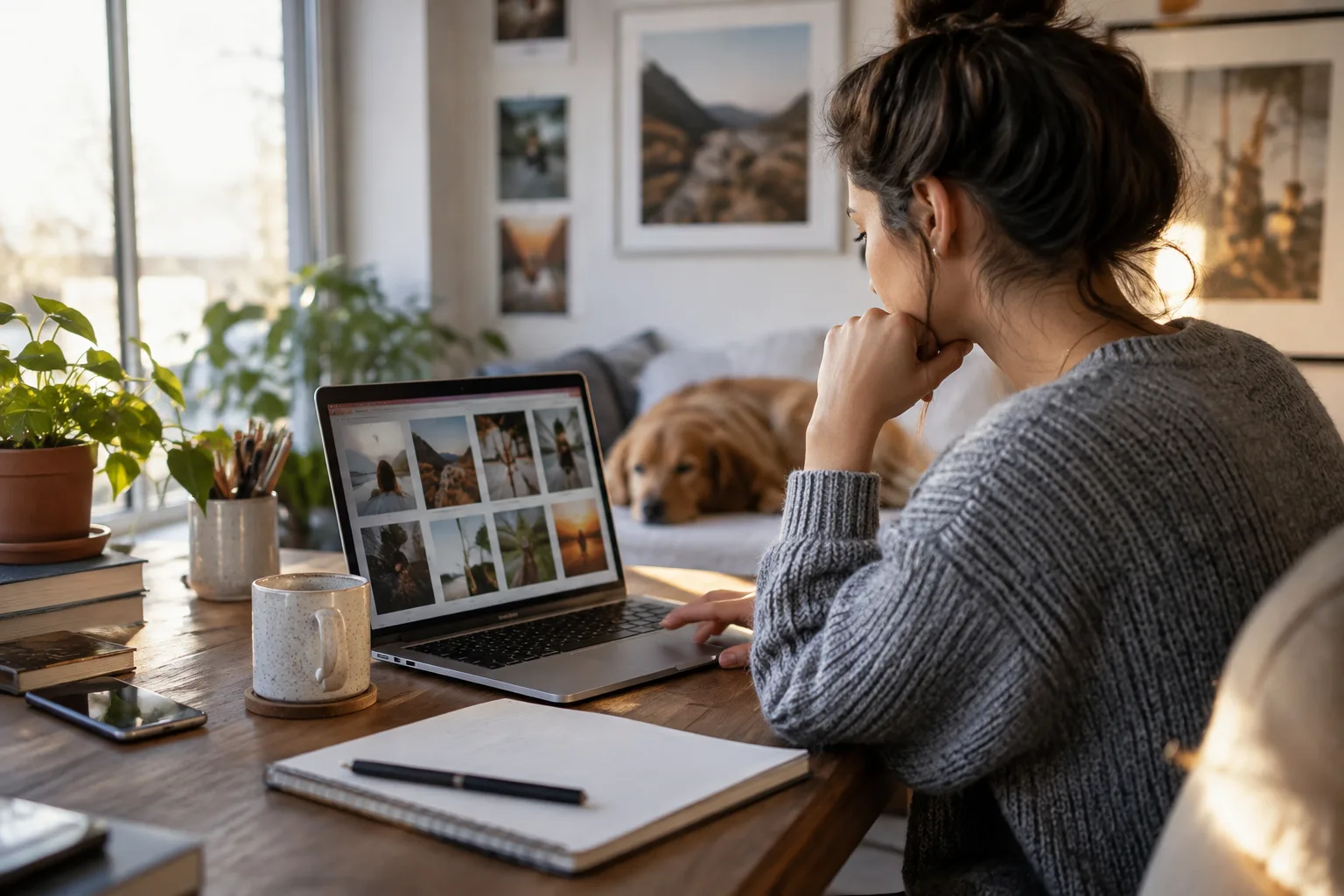 A person sitting at a desk reviewing and approving draft social media posts on a laptop.