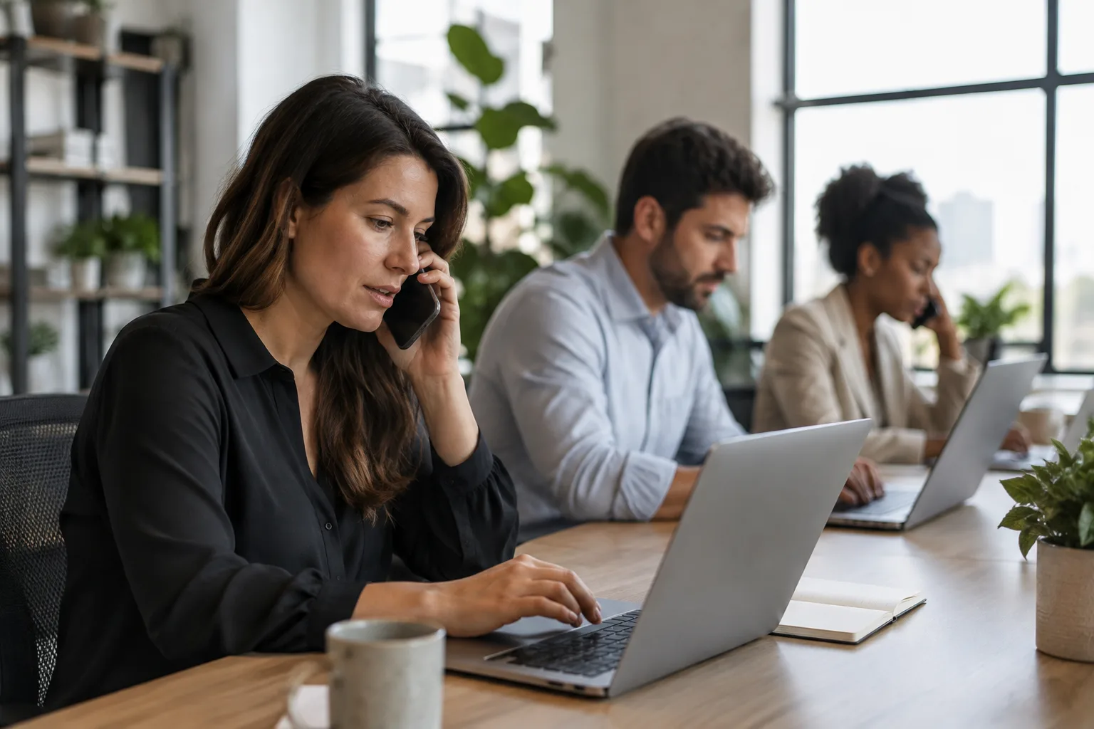 A photo of a sales team working on laptops and phones in an office.
