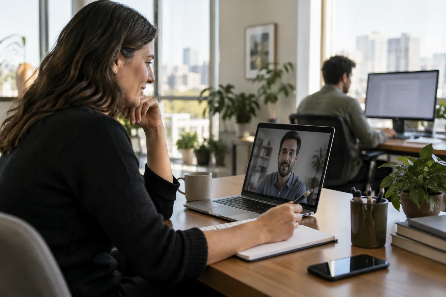 A photograph of a recruiter conducting a candidate interview while a colleague manages outbound lead generation nearby
